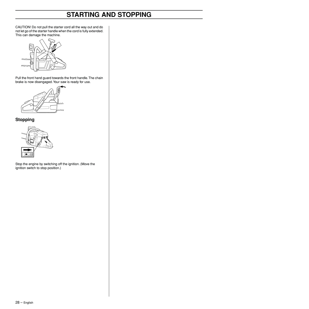 Husqvarna 3120XP manual Starting And Stopping, 28 – English 