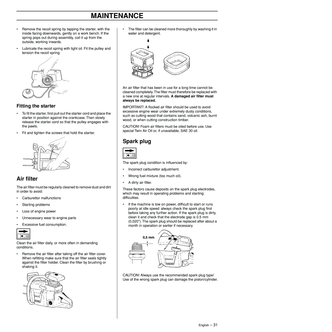 Husqvarna 3120XP manual Air ﬁlter, Spark plug, Fitting the starter, Maintenance 