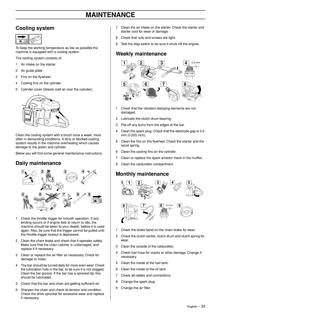 Husqvarna 3120XP manual Cooling system, Weekly maintenance, Monthly maintenance, Daily maintenance, Maintenance 