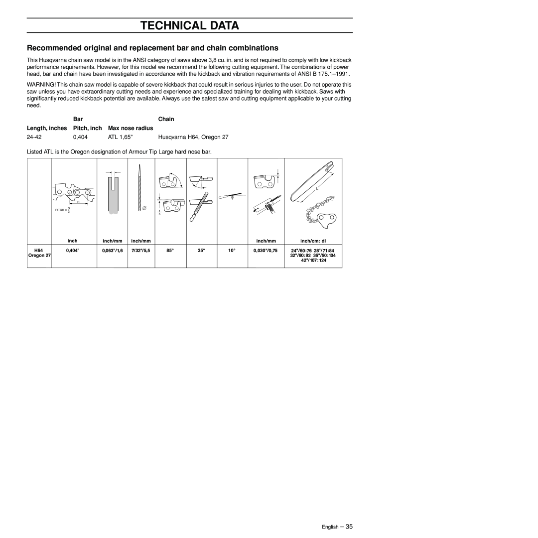 Husqvarna 3120XP manual Technical Data, Chain, Length, inches, Pitch, inch, Max nose radius, 24-42, 0,404, ATL 1,65” 