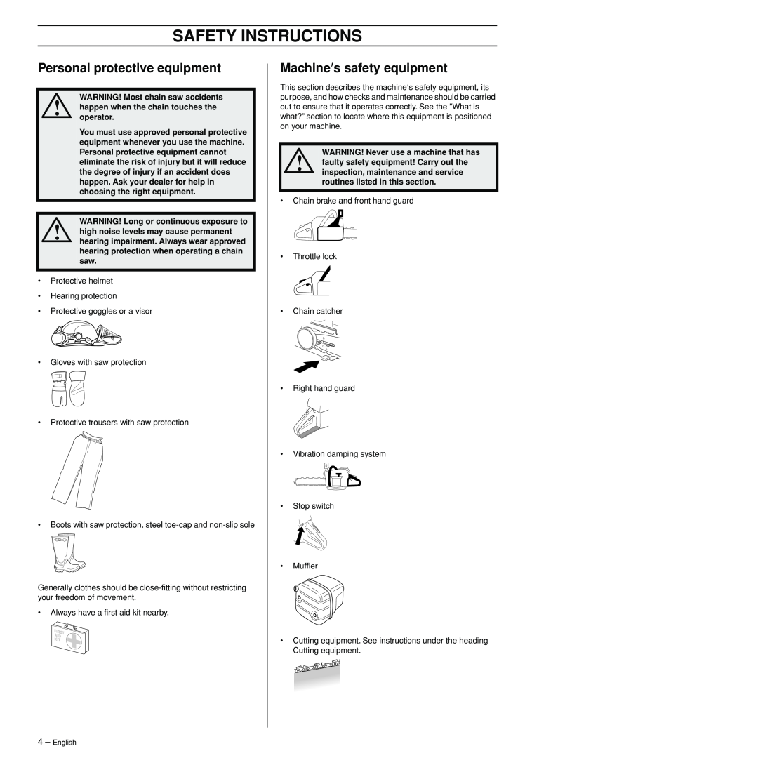 Husqvarna 3120XP manual Safety Instructions, Personal protective equipment, Machine′s safety equipment 
