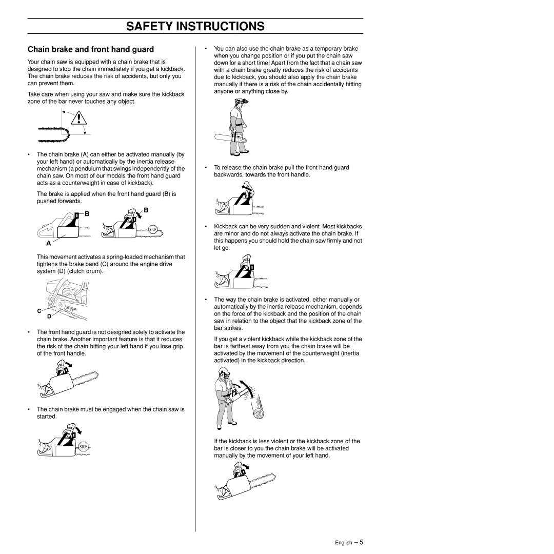 Husqvarna 3120XP manual Chain brake and front hand guard, Safety Instructions 