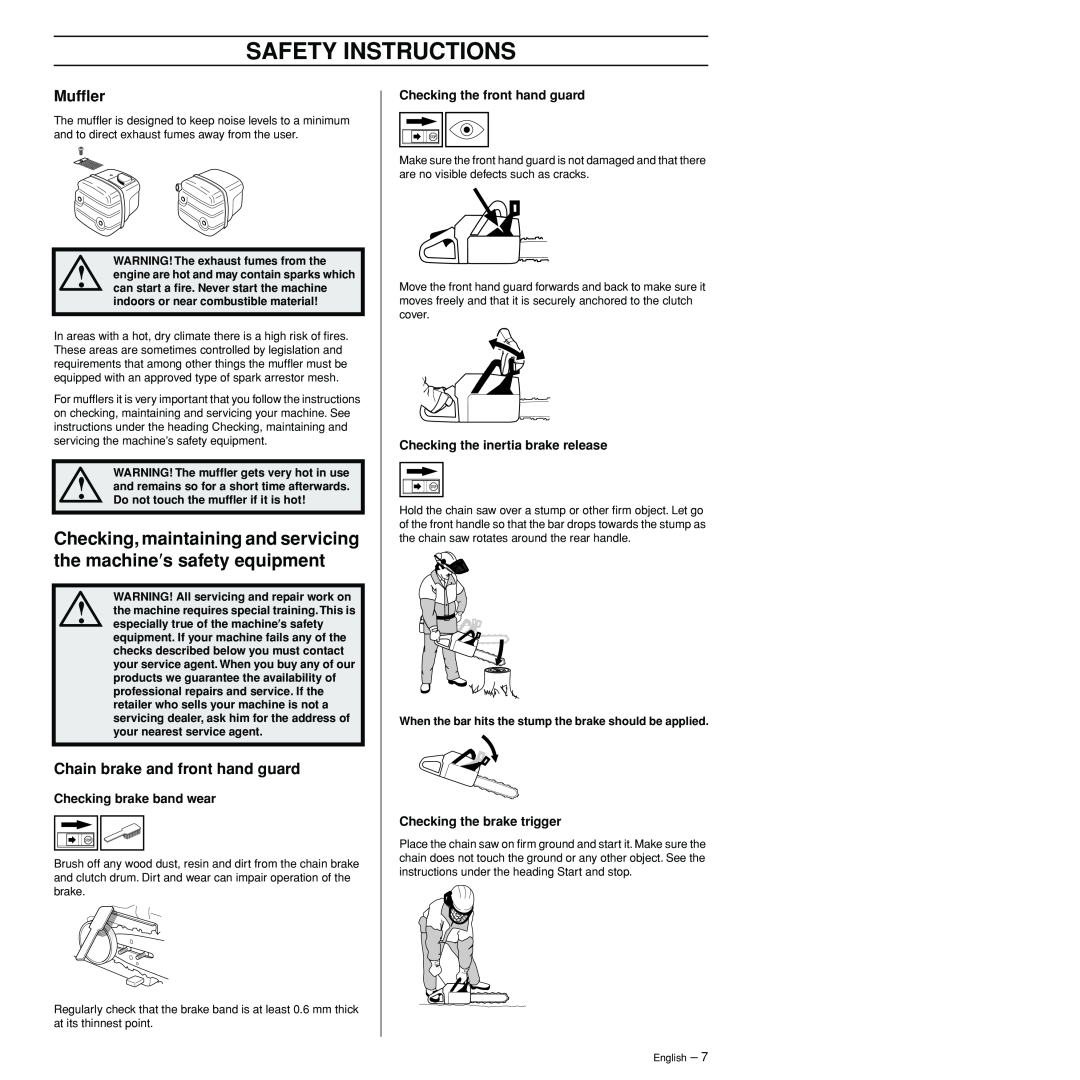 Husqvarna 3120XP manual Mufﬂer, Checking brake band wear, Checking the front hand guard, Checking the inertia brake release 
