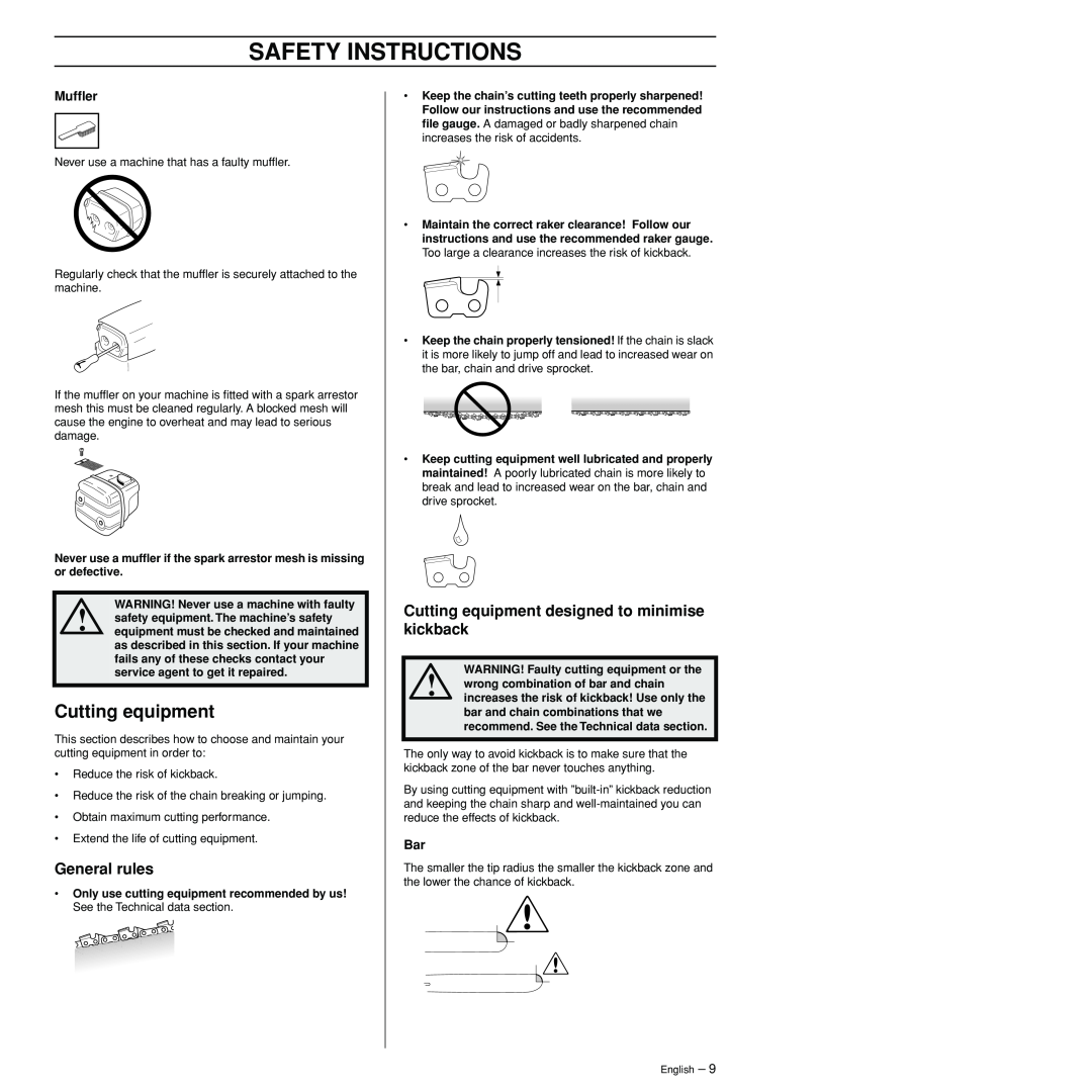 Husqvarna 3120XP manual General rules, Cutting equipment designed to minimise kickback, Mufﬂer, Safety Instructions 
