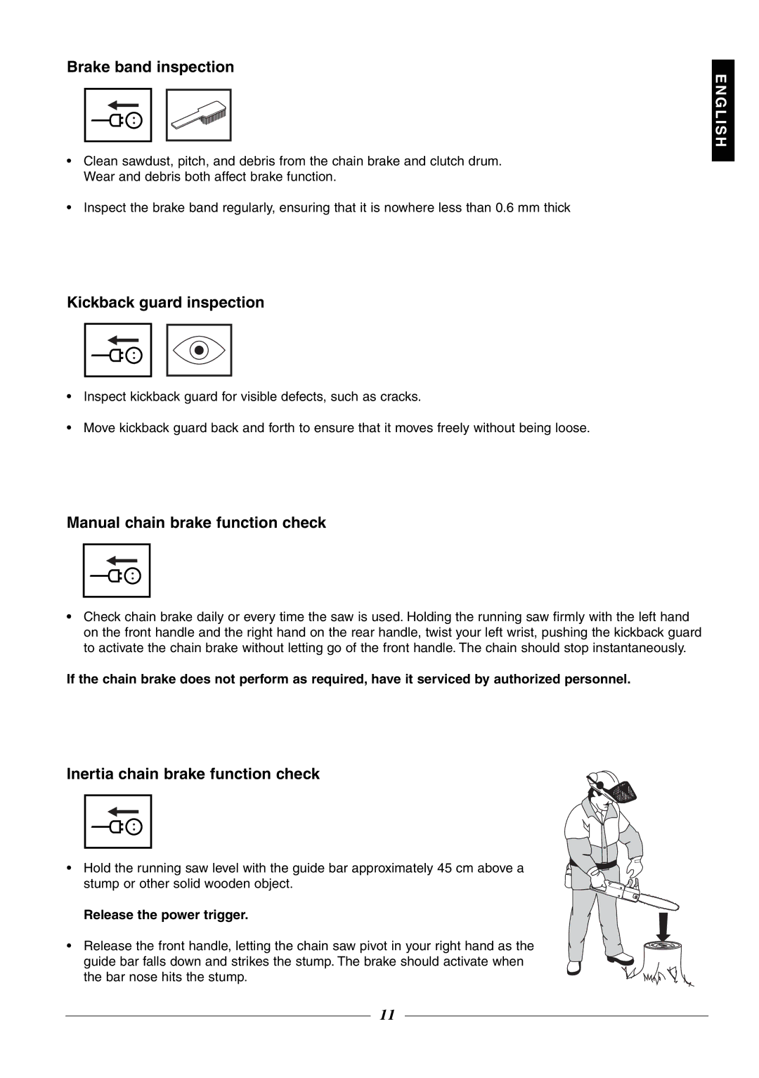 Husqvarna 315, 320 manual Brake band inspection, Kickback guard inspection, Manual chain brake function check 