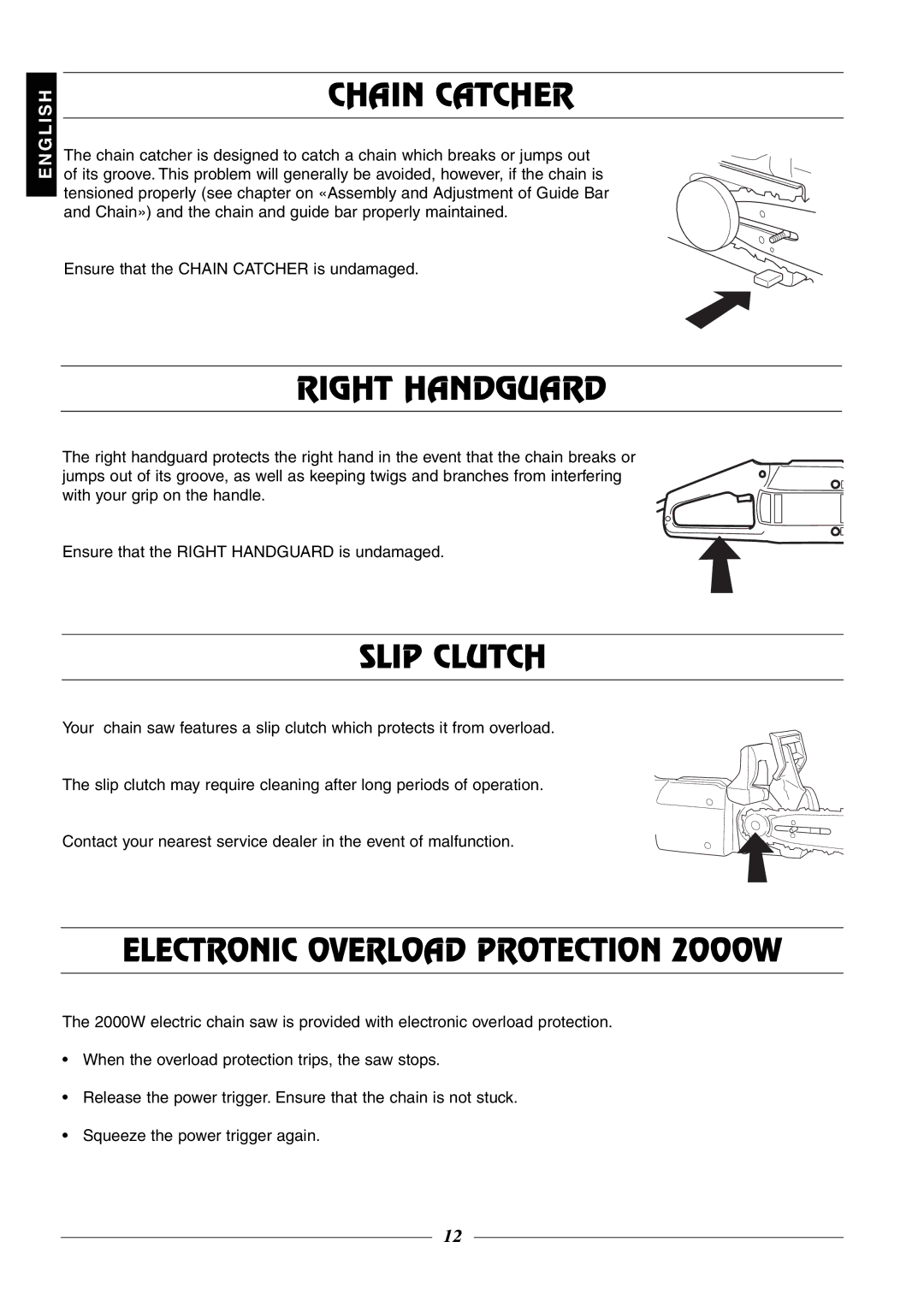 Husqvarna 315, 320 manual Chain Catcher, Right Handguard, Slip Clutch, Electronic Overload Protection 2000W 