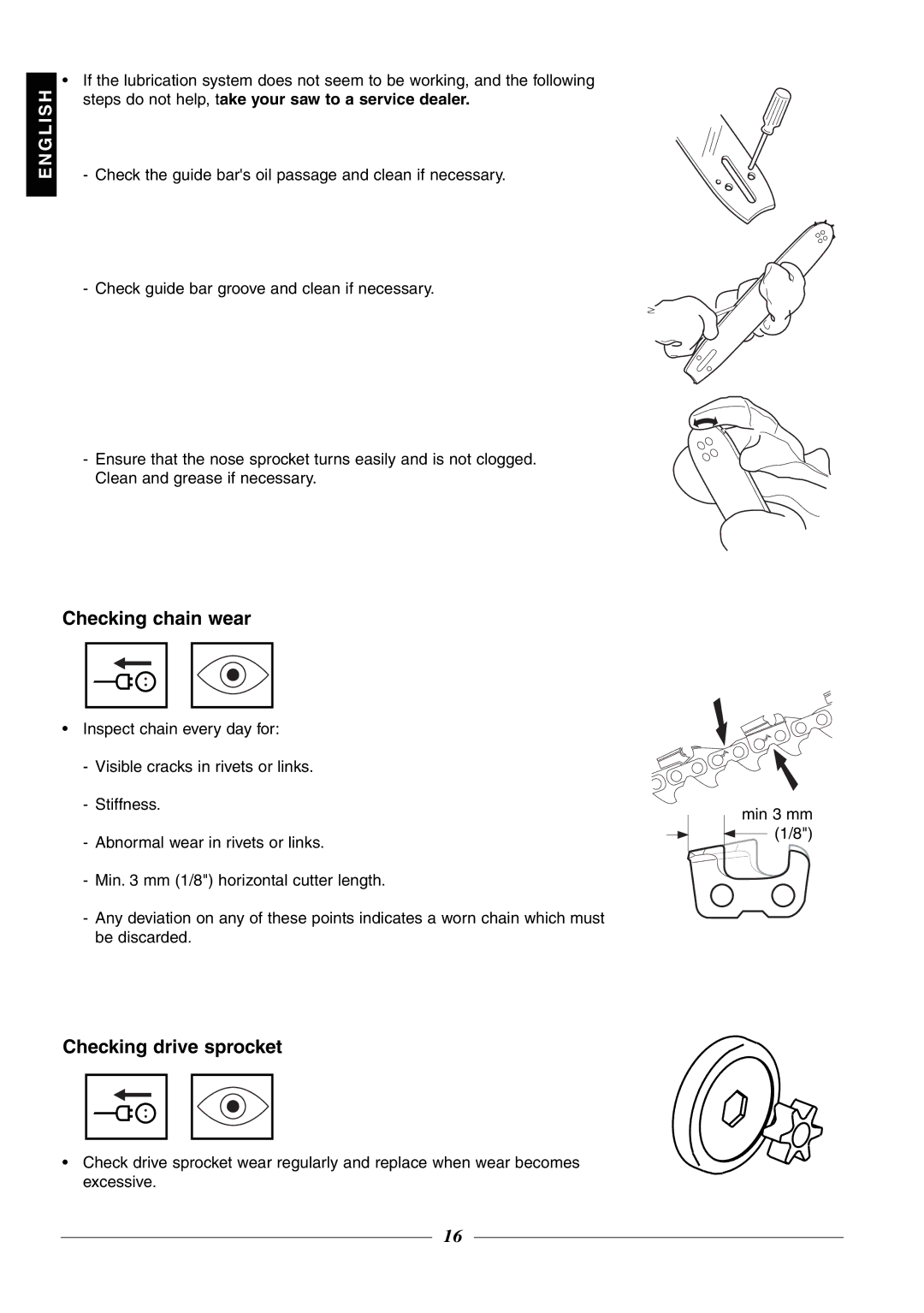 Husqvarna 315, 320 Checking chain wear, Checking drive sprocket, Steps do not help, take your saw to a service dealer 