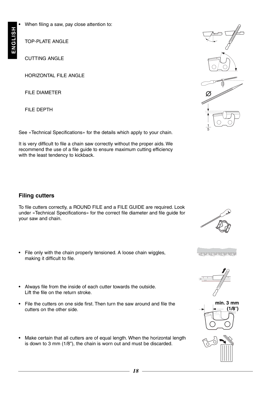 Husqvarna 315, 320 manual Filing cutters, Min mm 1/8 