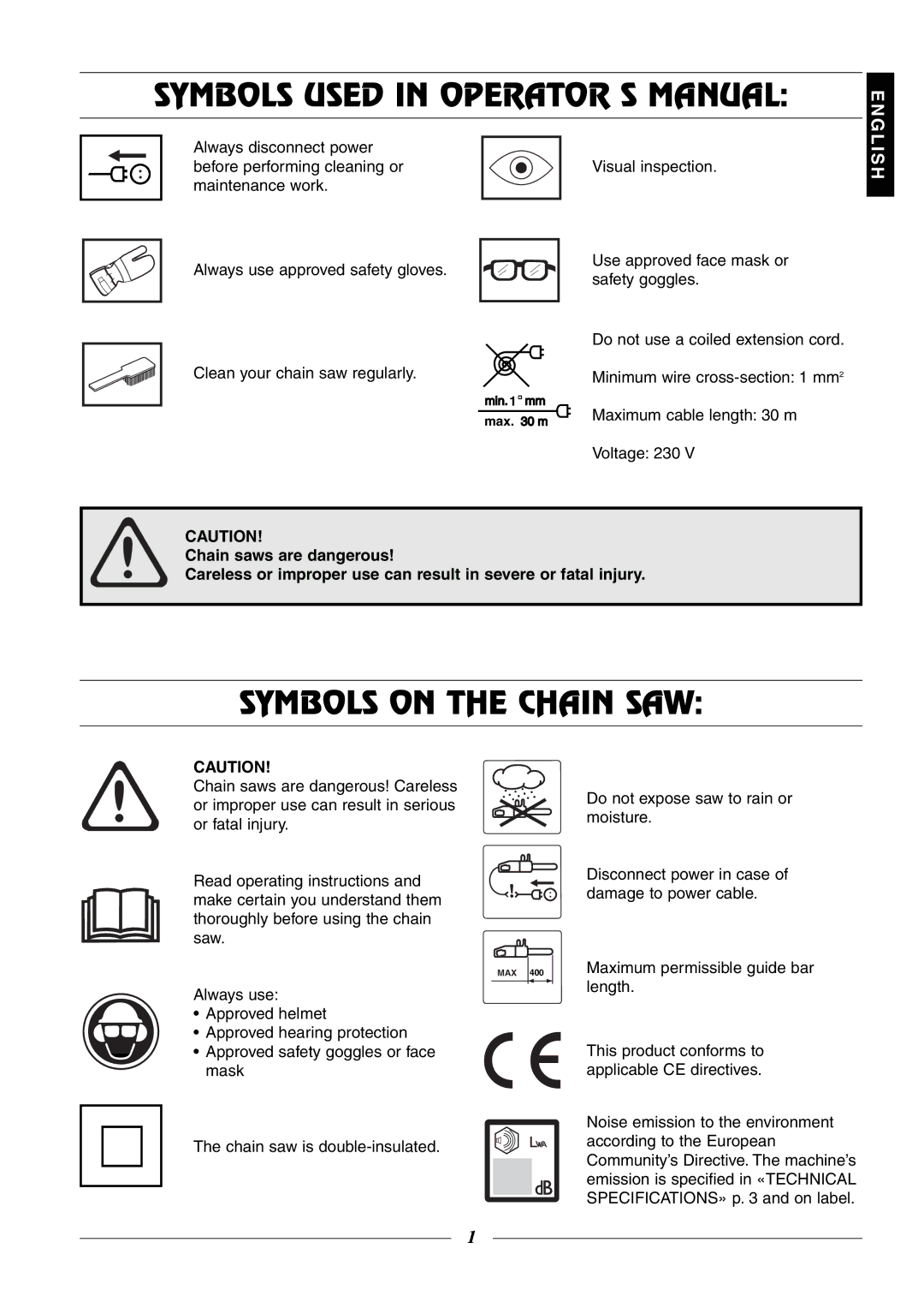 Husqvarna 315, 320 manual Symbols Used in Operators Manual, Symbols on the Chain SAW 