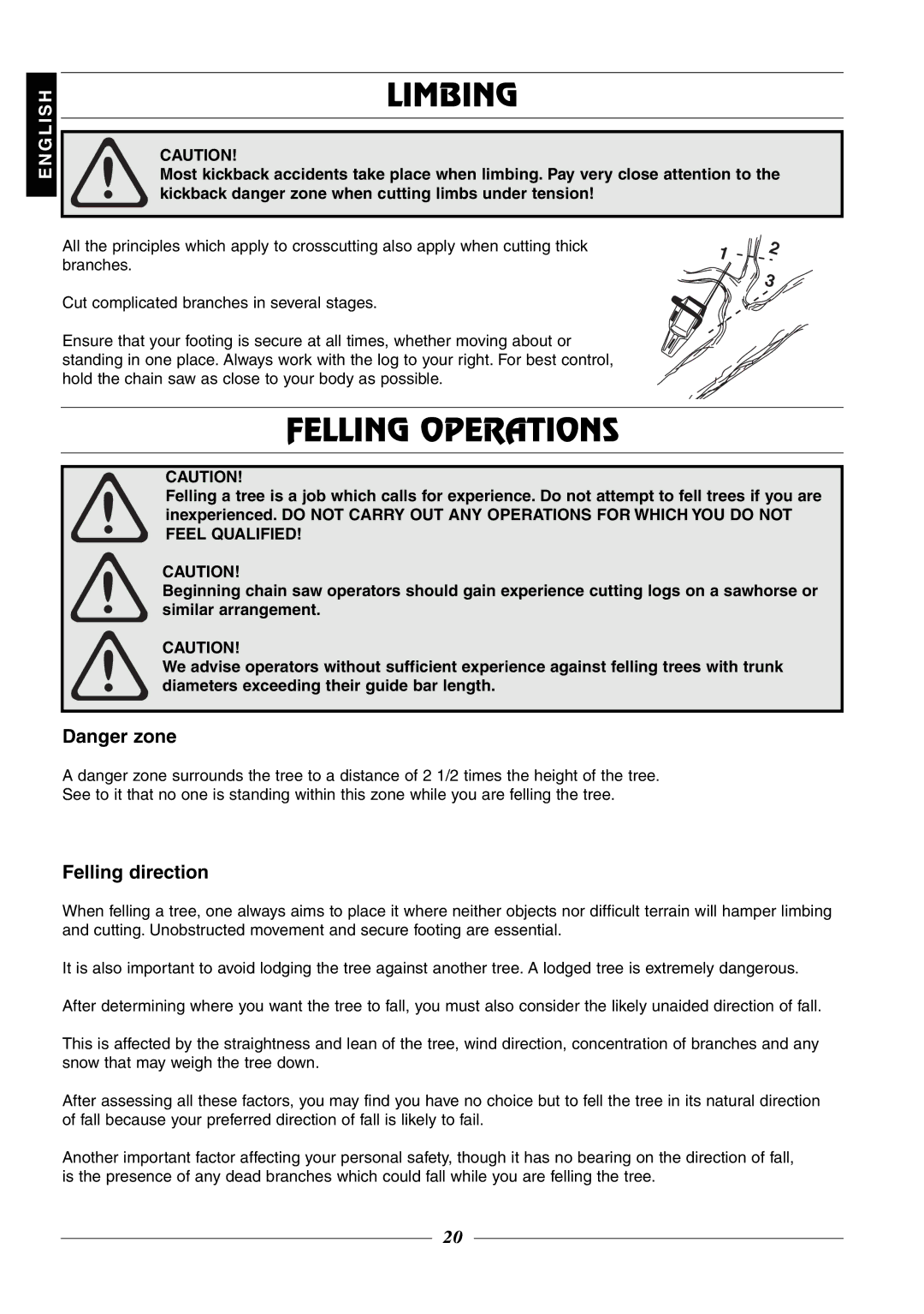 Husqvarna 315, 320 manual Limbing, Felling Operations, Felling direction 