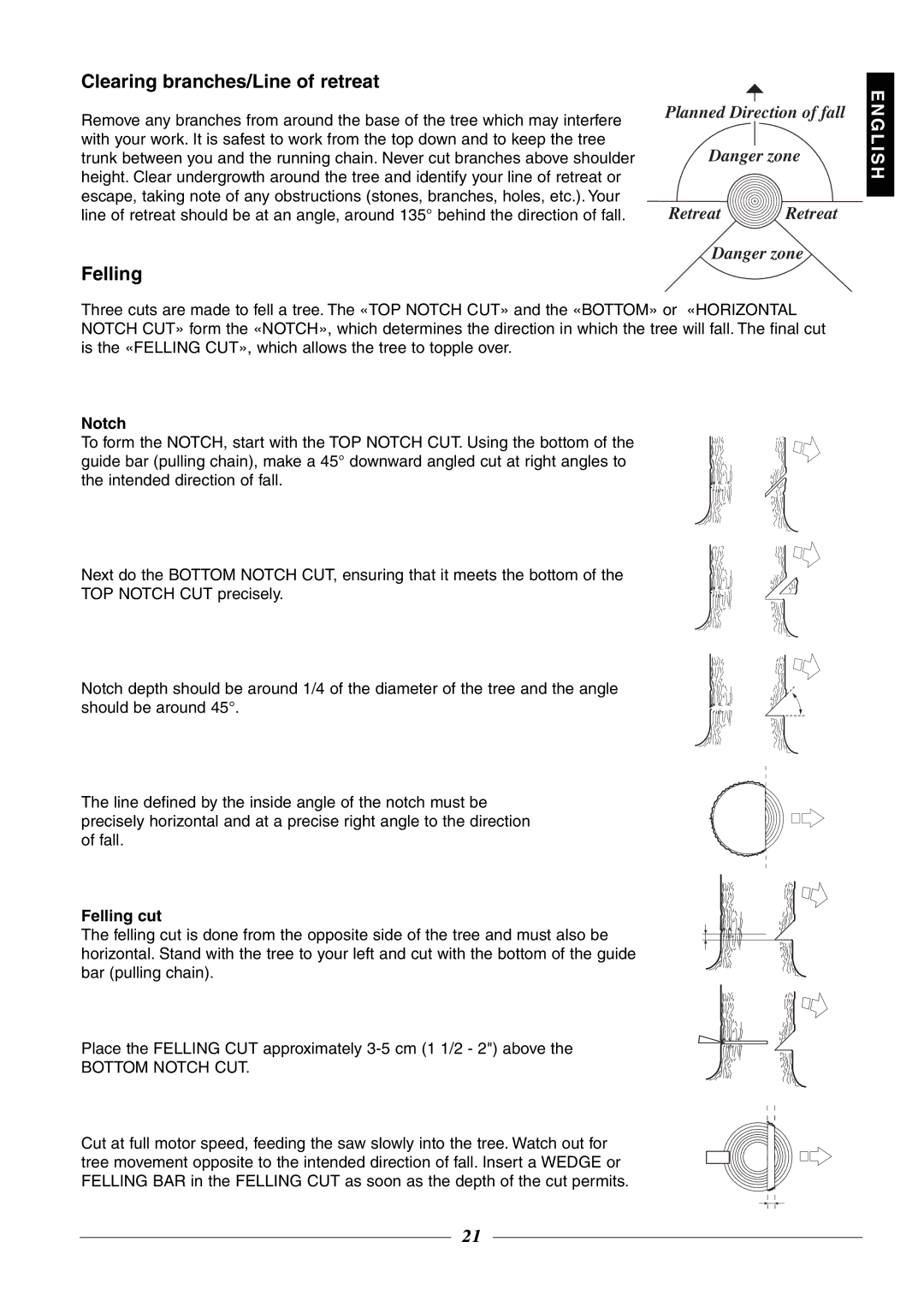 Husqvarna 315, 320 manual Clearing branches/Line of retreat, Notch, Felling cut 