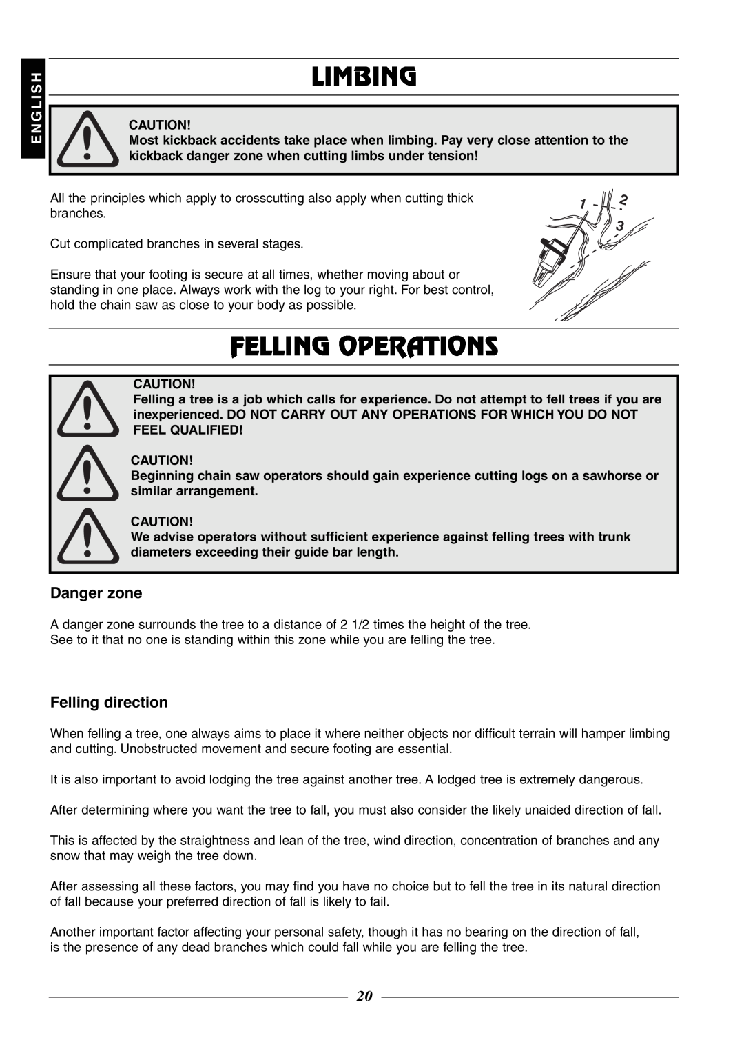Husqvarna 315, 320 manual Limbing, Felling Operations, 12 3, Danger zone, Felling direction, E N G L I S H 