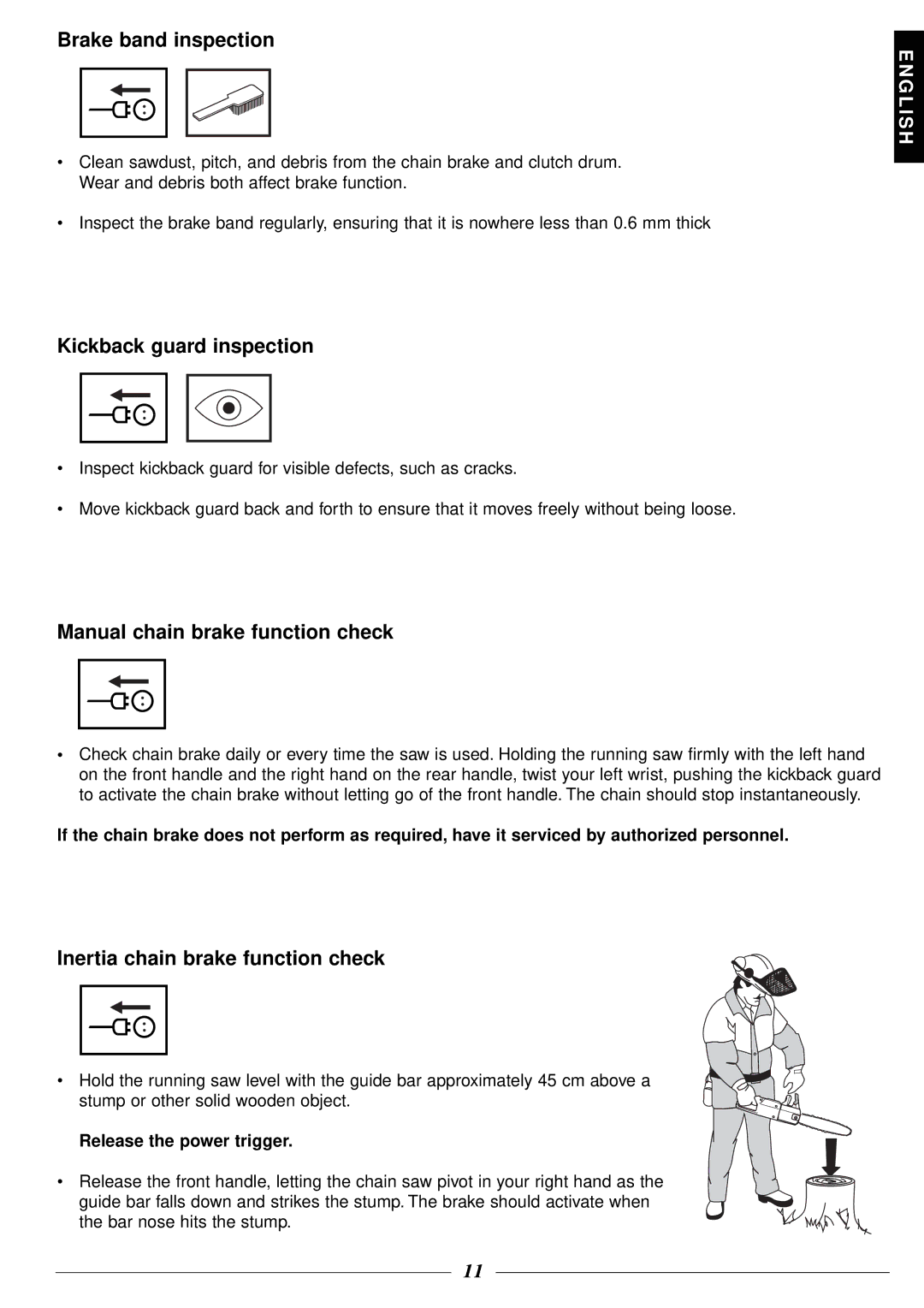 Husqvarna 316 manual Brake band inspection, Kickback guard inspection, Manual chain brake function check 