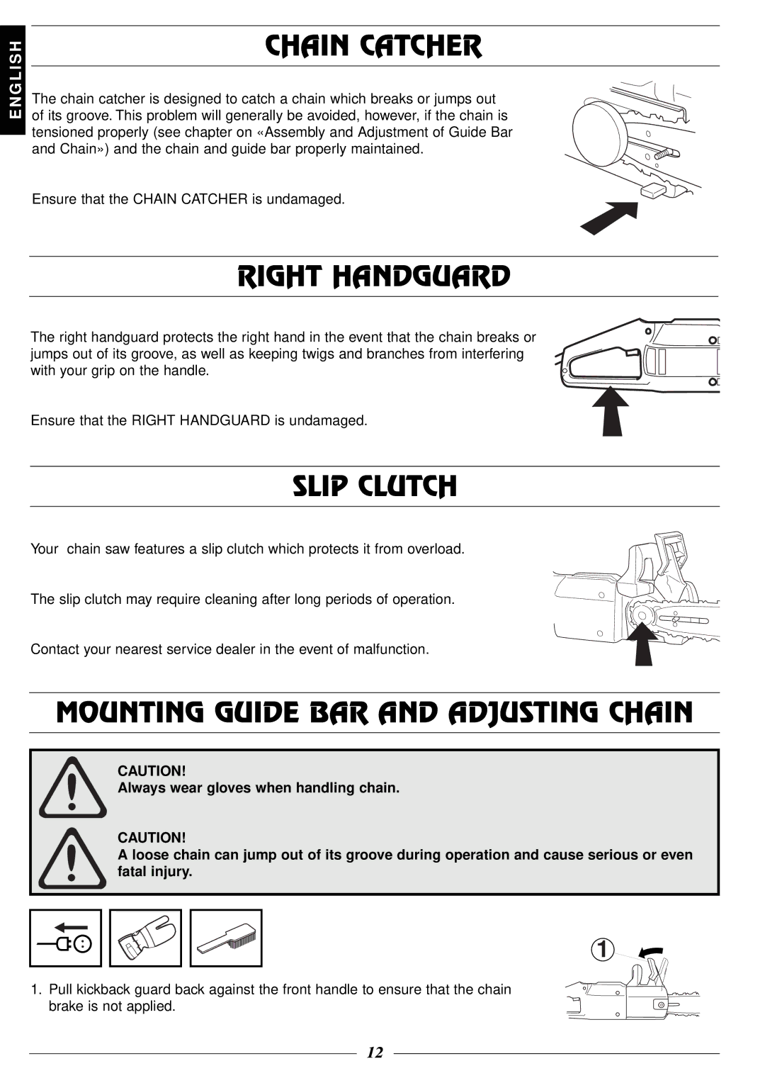 Husqvarna 316 manual Chain Catcher, Right Handguard, Slip Clutch, Mounting Guide BAR and Adjusting Chain 