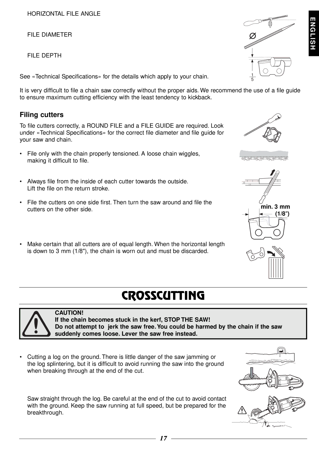Husqvarna 316 manual Crosscutting, Filing cutters, Min mm 1/8 