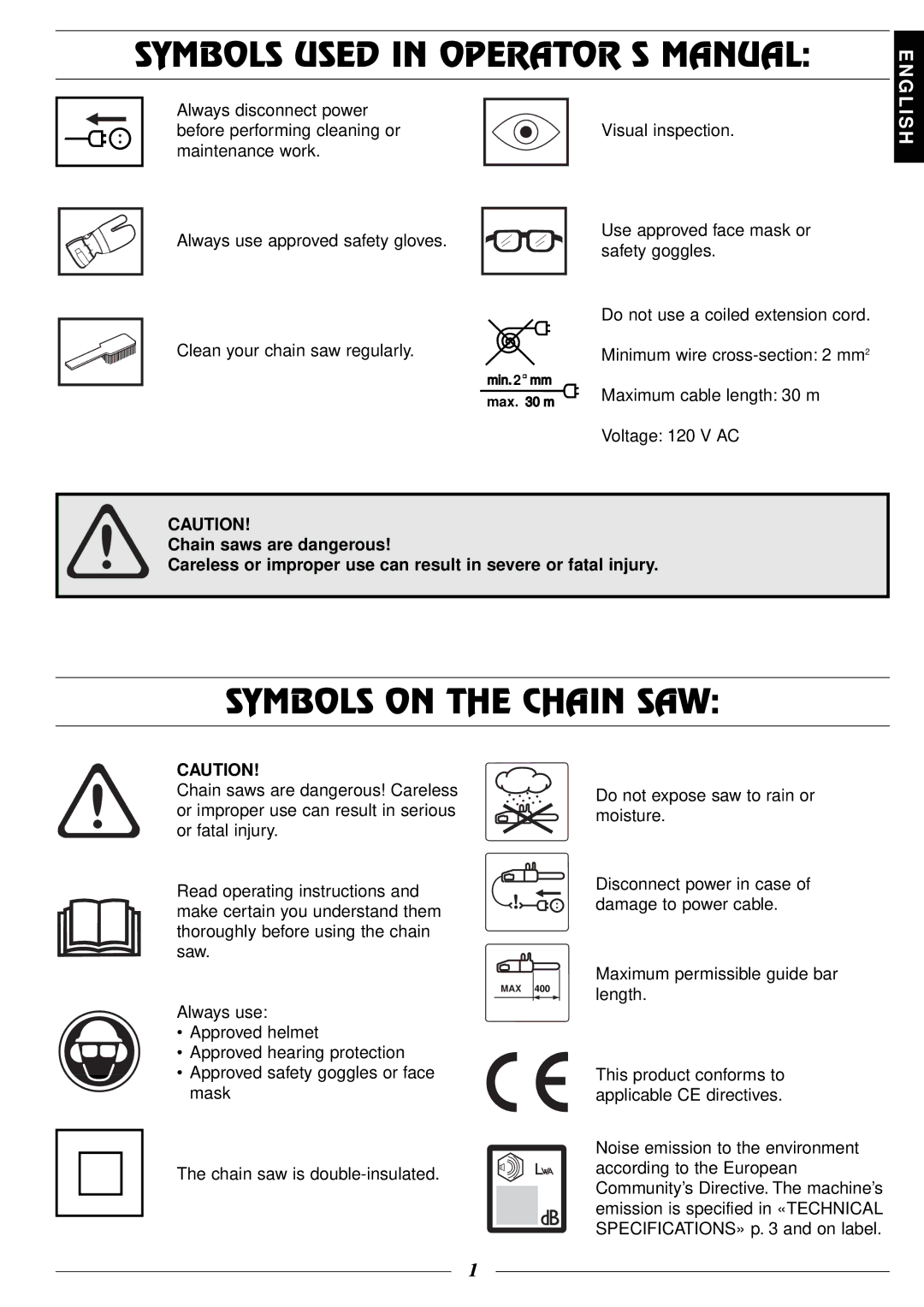 Husqvarna 316 manual Symbols Used in Operator S Manual, Symbols on the Chain SAW 