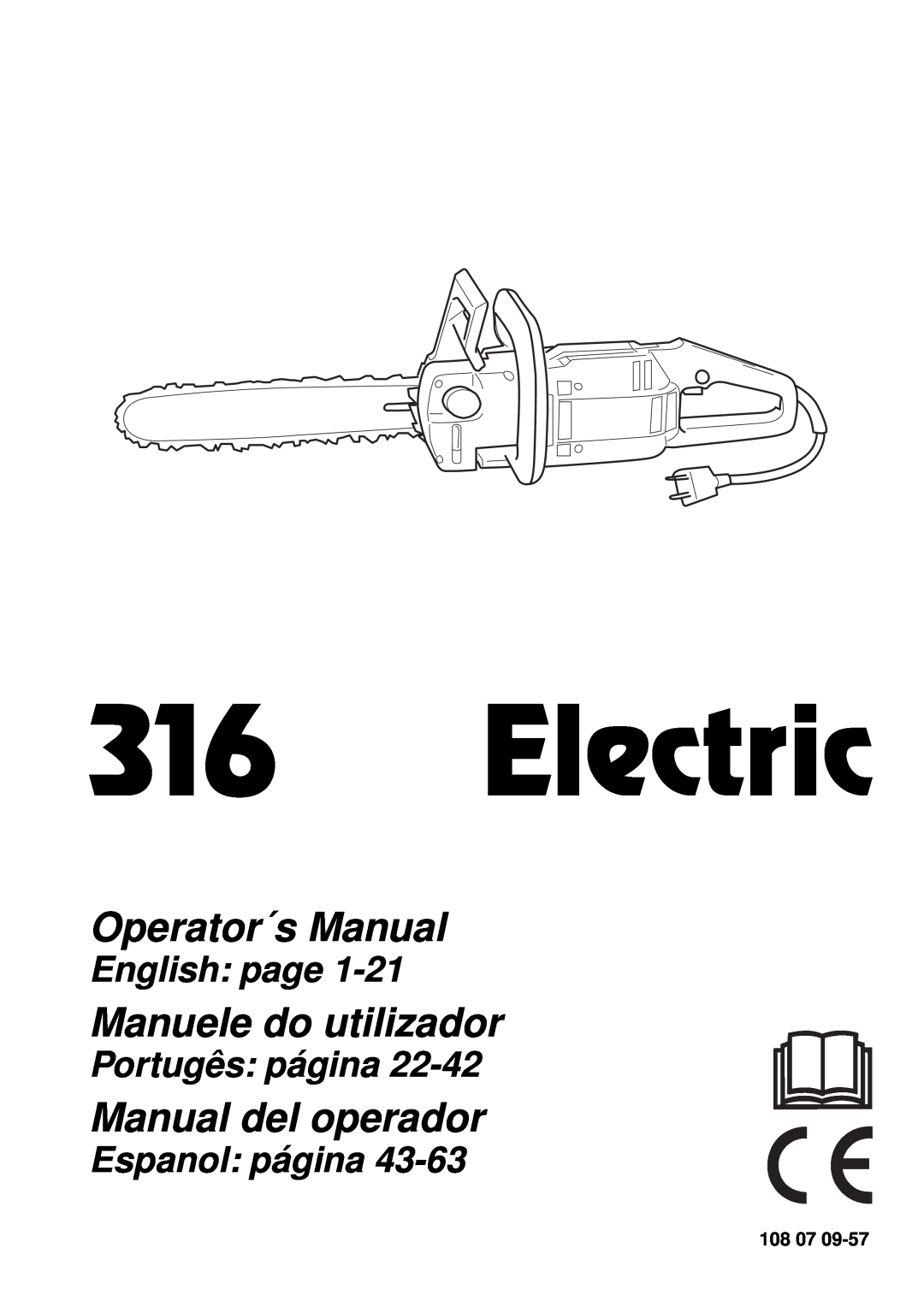Husqvarna 316 manual Electric, Operator´s Manual, Manuele do utilizador, Manual del operador, English page, Espanol página 