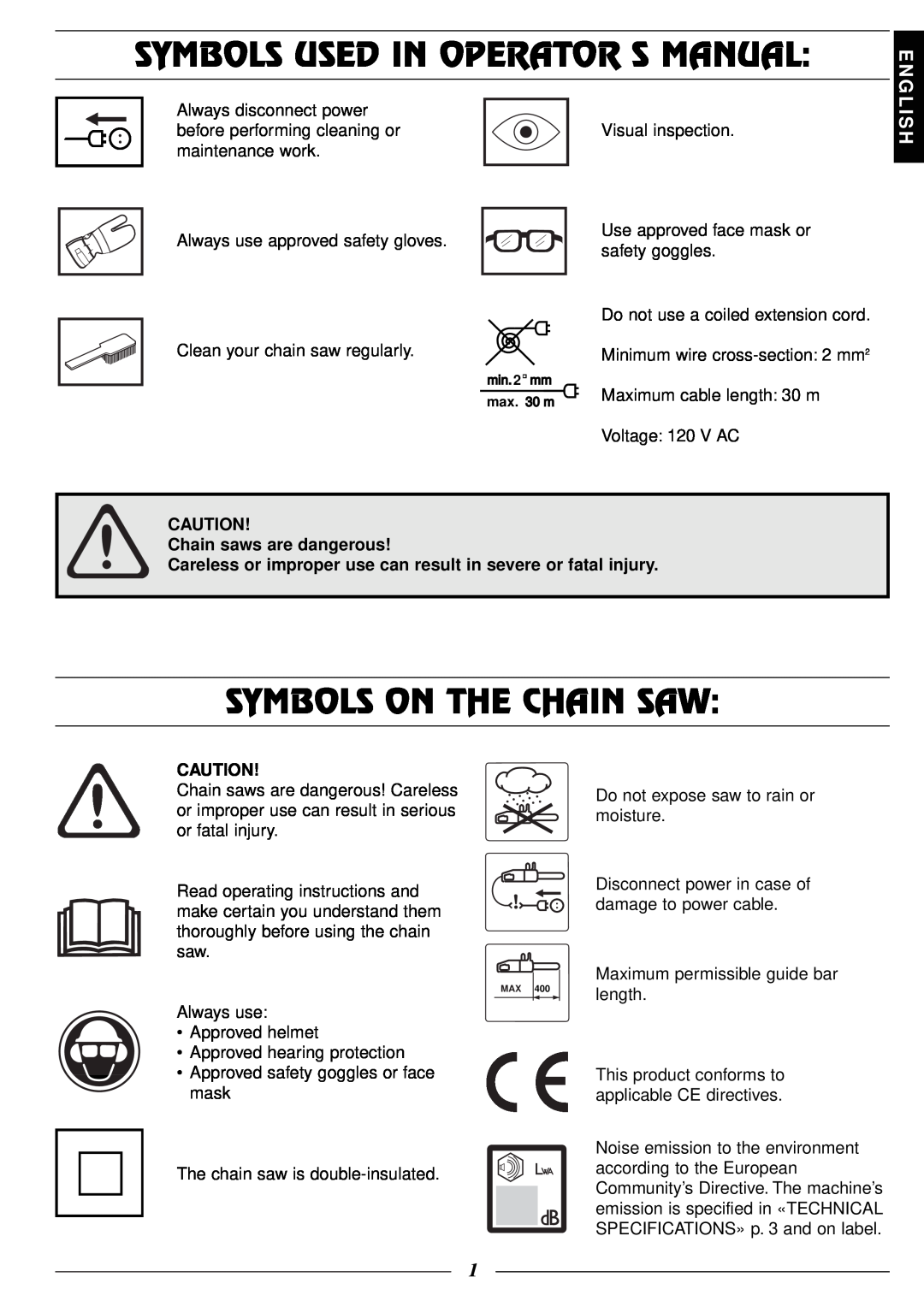 Husqvarna 316 Symbols Used In Operator S Manual, Symbols On The Chain Saw, E N G L I S H, Chain saws are dangerous, length 