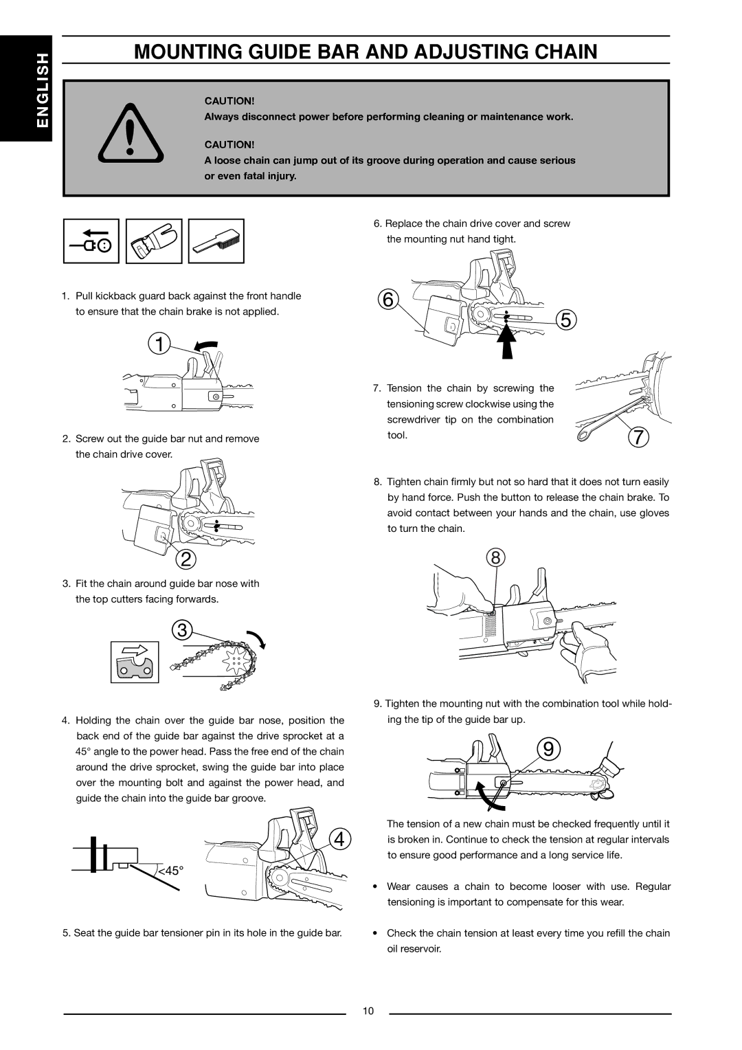 Husqvarna 317 EL, 321 EL manual Mounting Guide BAR and Adjusting Chain 