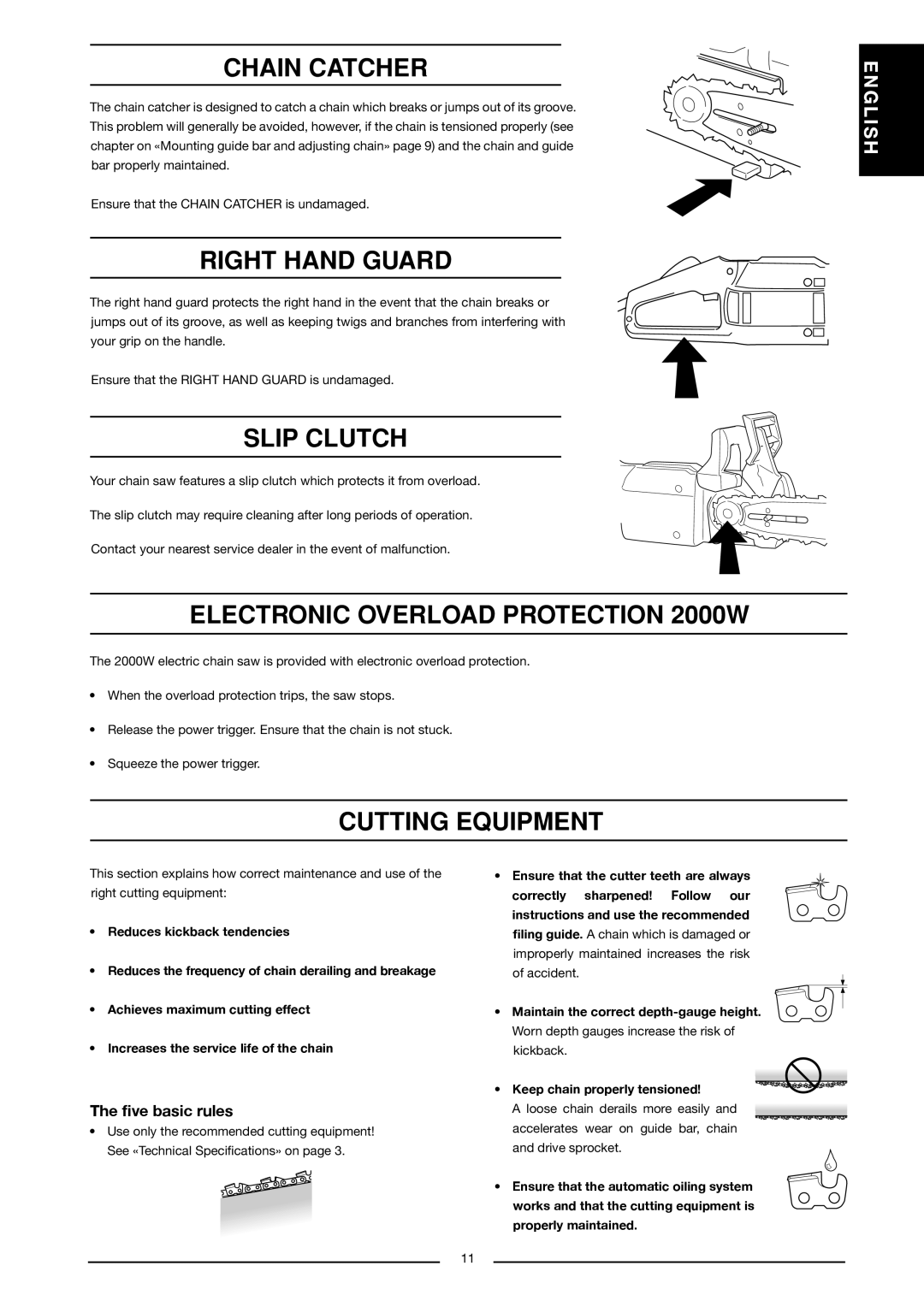 Husqvarna 317 EL, 321 EL manual Chain Catcher, Right Hand Guard, Slip Clutch, Electronic Overload Protection 2000W 