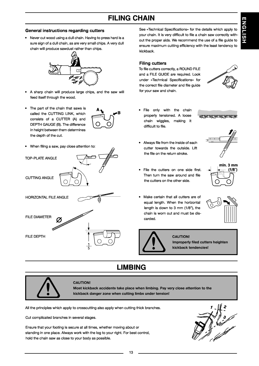 Husqvarna 317 EL, 321 EL manual Filing Chain, Limbing, English, General instructions regarding cutters, Filing cutters 