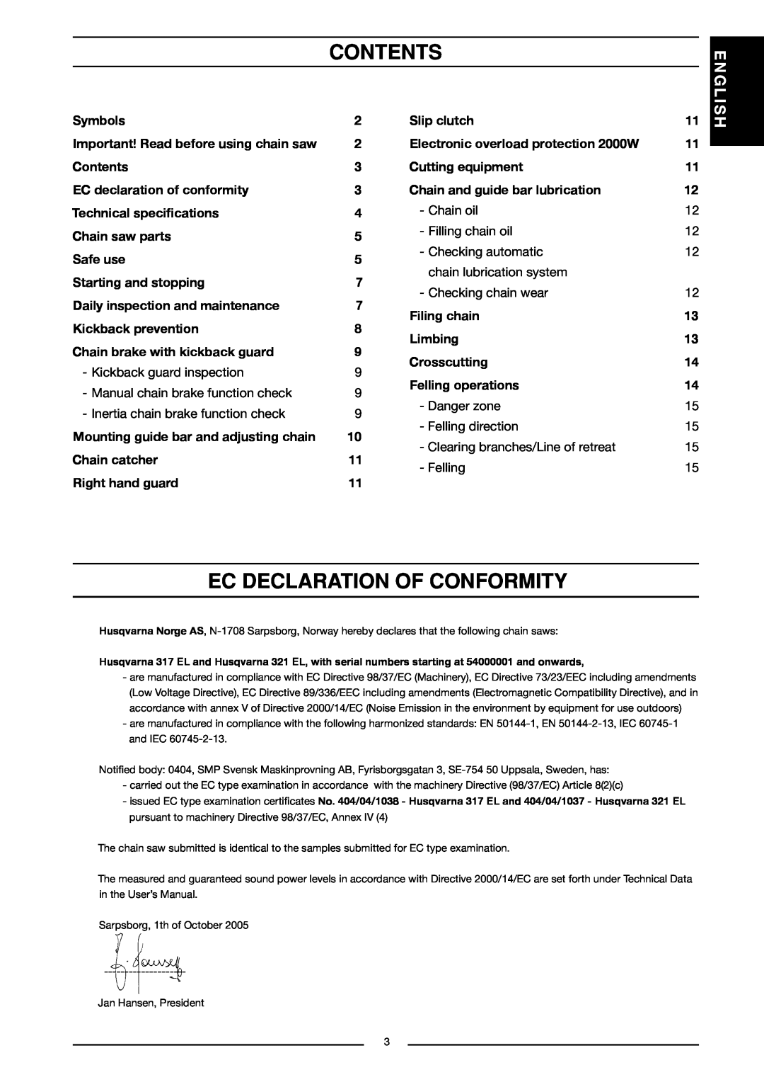 Husqvarna 317 EL, 321 EL manual Contents, Ec Declaration Of Conformity, English 