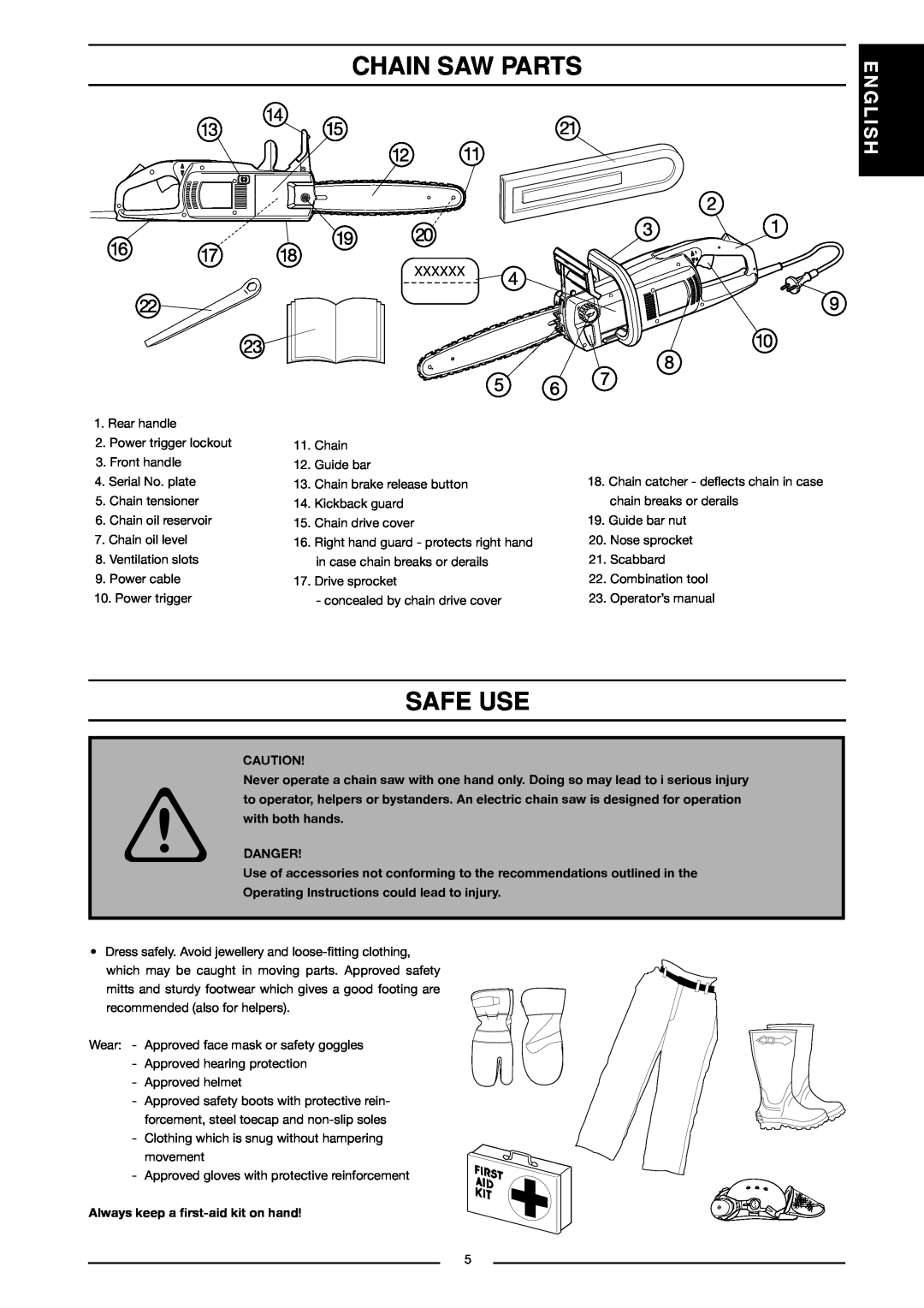Husqvarna 317 EL, 321 EL manual Chain Saw Parts, Safe Use, English, Danger, Operating Instructions could lead to injury 