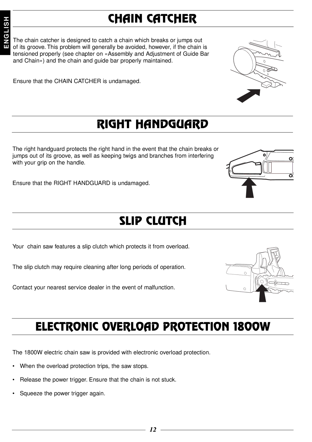 Husqvarna 315, 318 manual Chain Catcher, Right Handguard, Slip Clutch, Electronic Overload Protection 1800W 