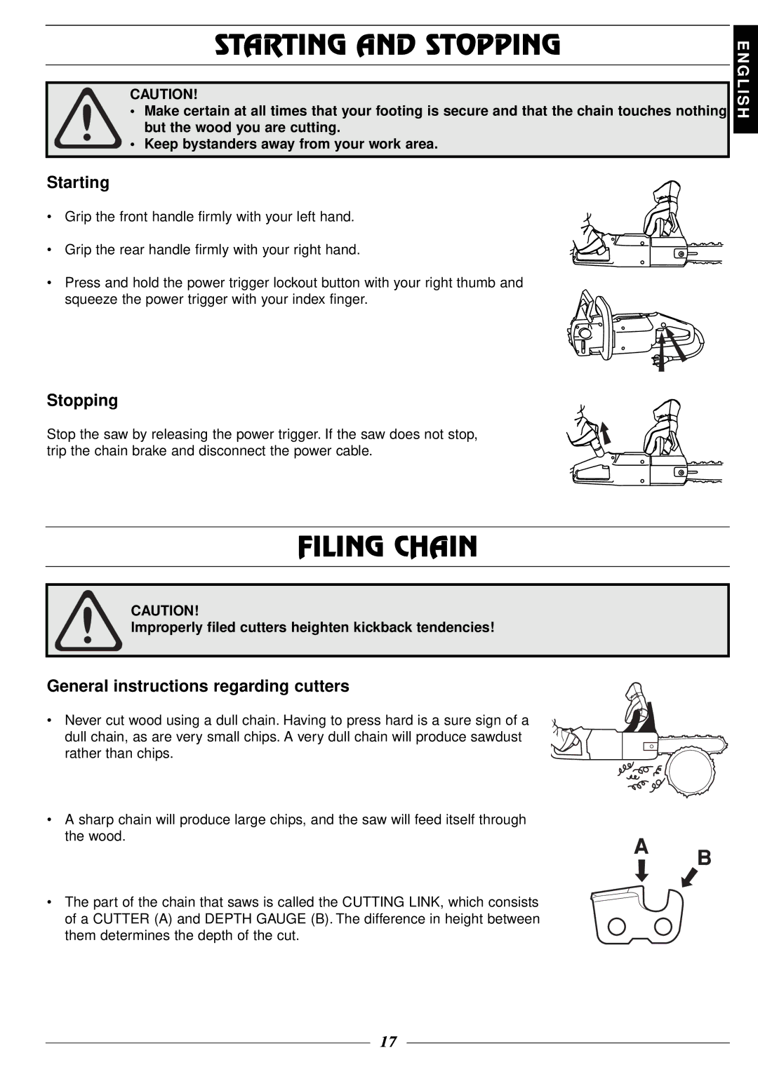 Husqvarna 318, 315 manual Starting and Stopping, Filing Chain, General instructions regarding cutters 