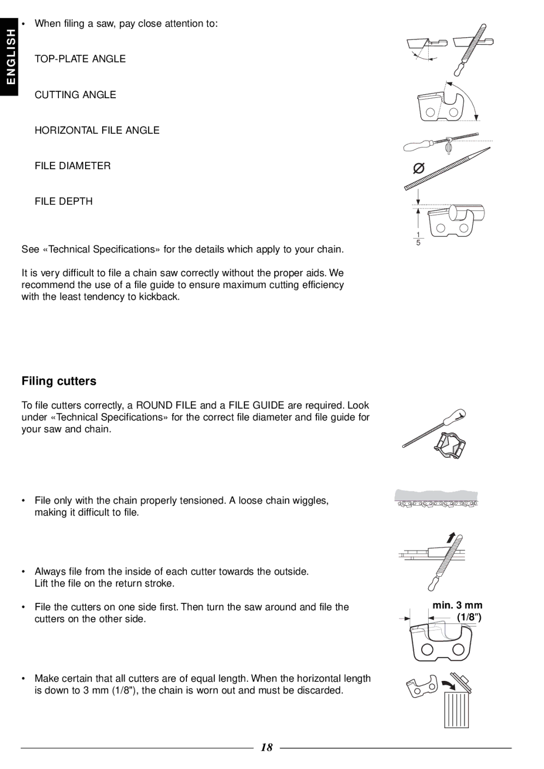 Husqvarna 315, 318 manual Filing cutters, Min mm 1/8 