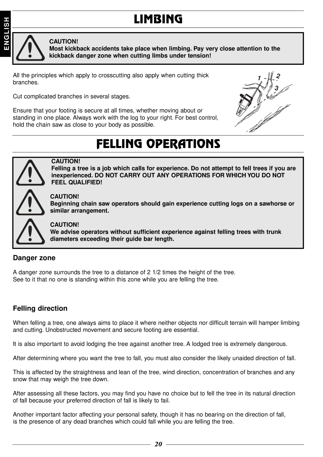 Husqvarna 315, 318 manual Limbing, Felling Operations, Felling direction 