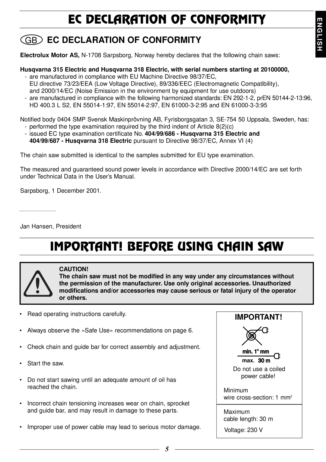 Husqvarna 318, 315 manual EC Declaration of Conformity, IMPORTANT! Before Using Chain SAW 