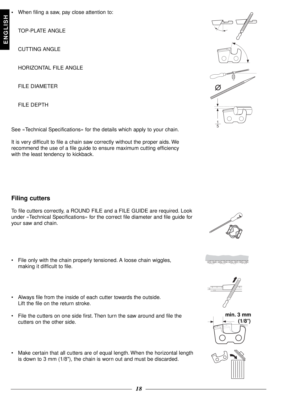 Husqvarna 315, 318 manual Filing cutters, E N G L I S H, min. 3 mm 1/8 