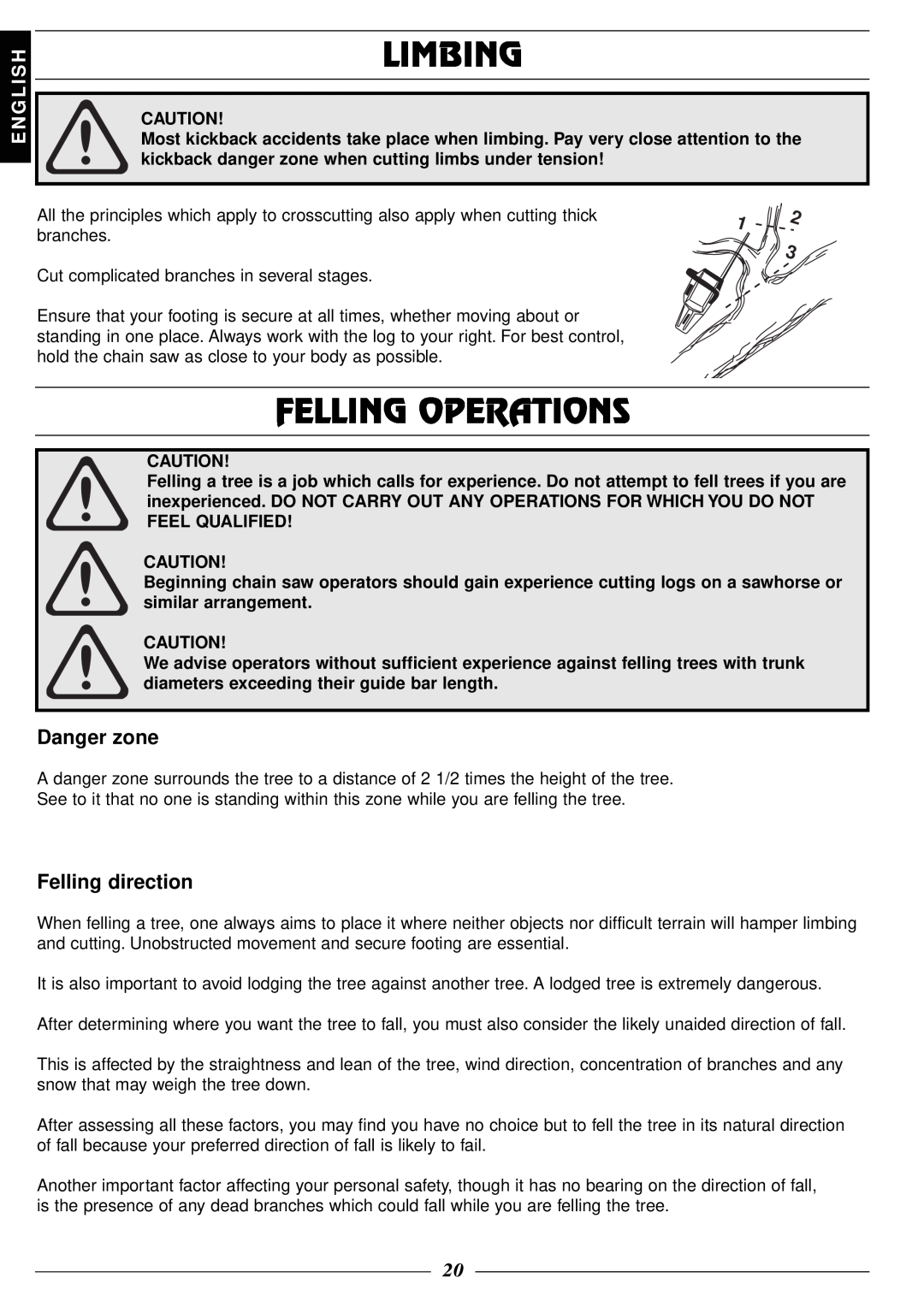 Husqvarna 315, 318 manual Limbing, Felling Operations, Danger zone, Felling direction, E N G L I S H 