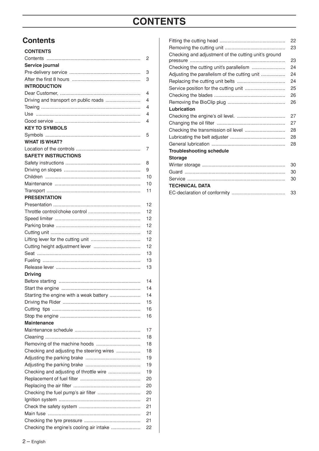 Husqvarna 318, 320 AWD manual Contents 