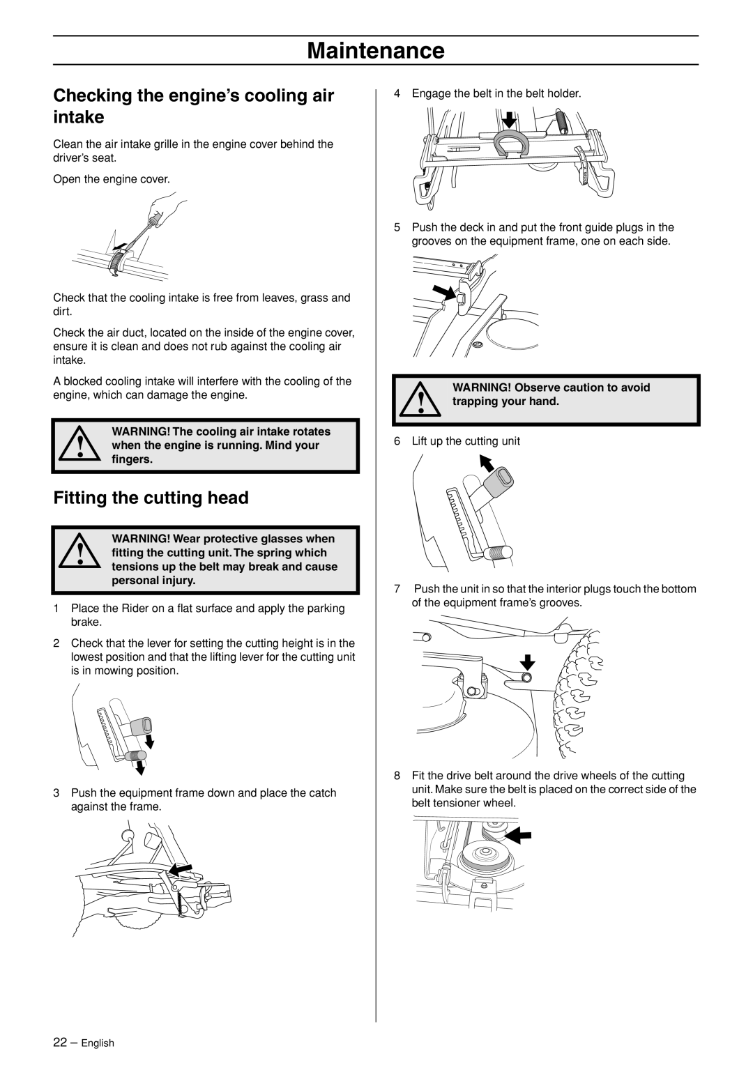 Husqvarna 318, 320 AWD manual Checking the engine’s cooling air intake, Fitting the cutting head, Trapping your hand 