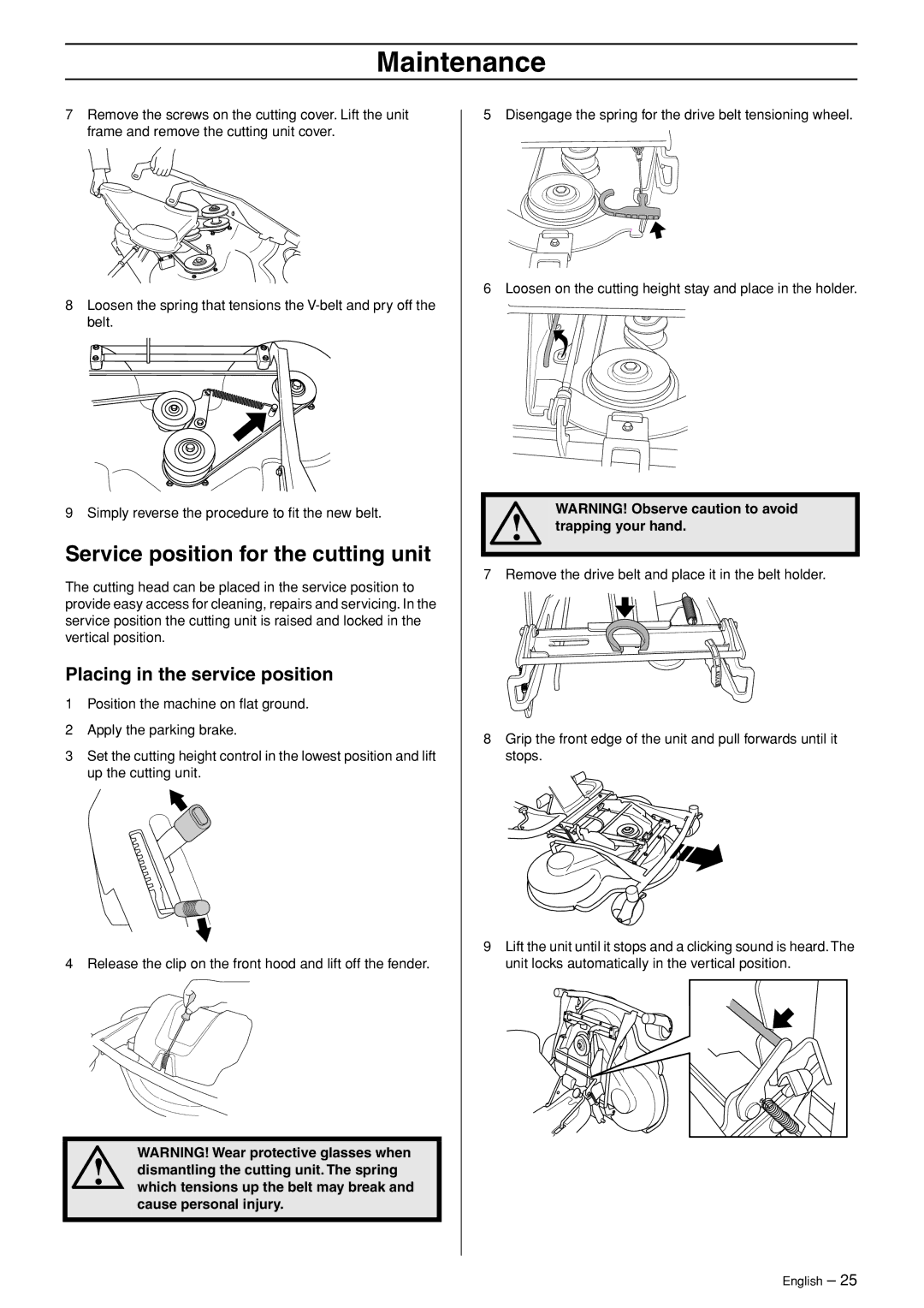 Husqvarna 320 AWD, 318 manual Service position for the cutting unit, Placing in the service position 