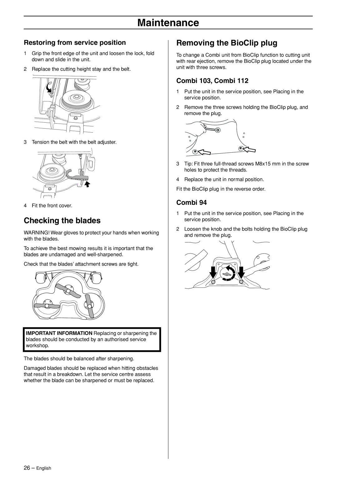 Husqvarna 318, 320 AWD Checking the blades, Removing the BioClip plug, Restoring from service position, Combi 103, Combi 