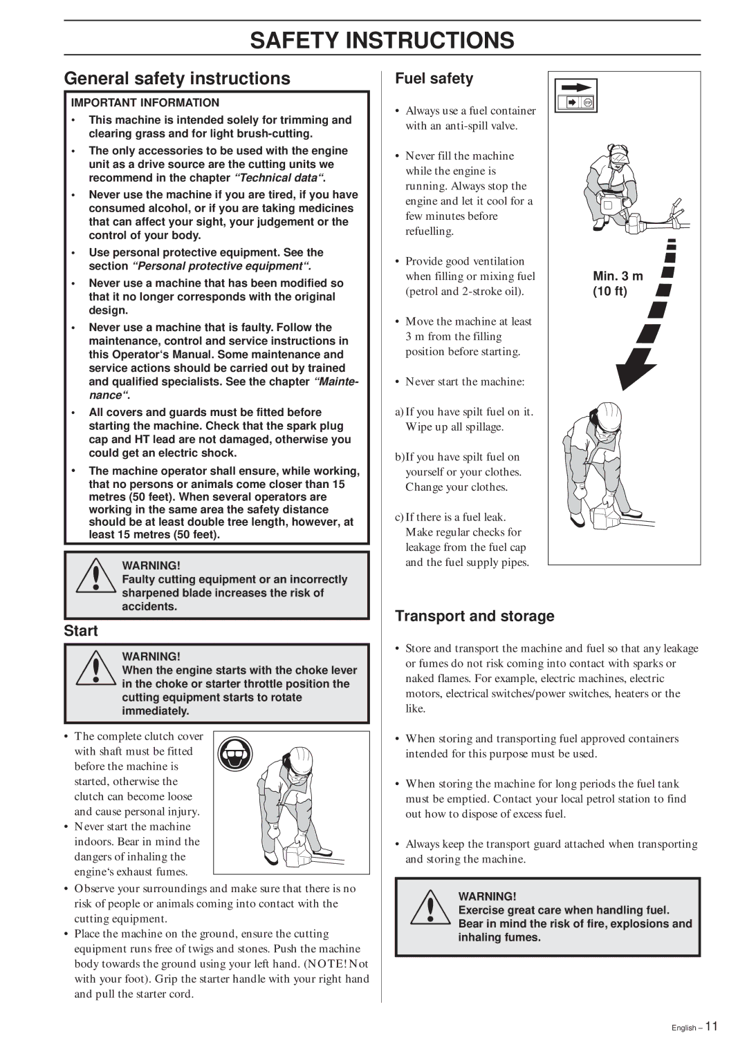 Husqvarna 322R manual General safety instructions, Fuel safety, Start, Transport and storage, 10 ft 