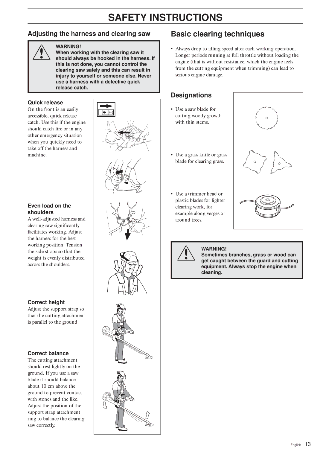 Husqvarna 322R manual Basic clearing techniques, Adjusting the harness and clearing saw, Designations 