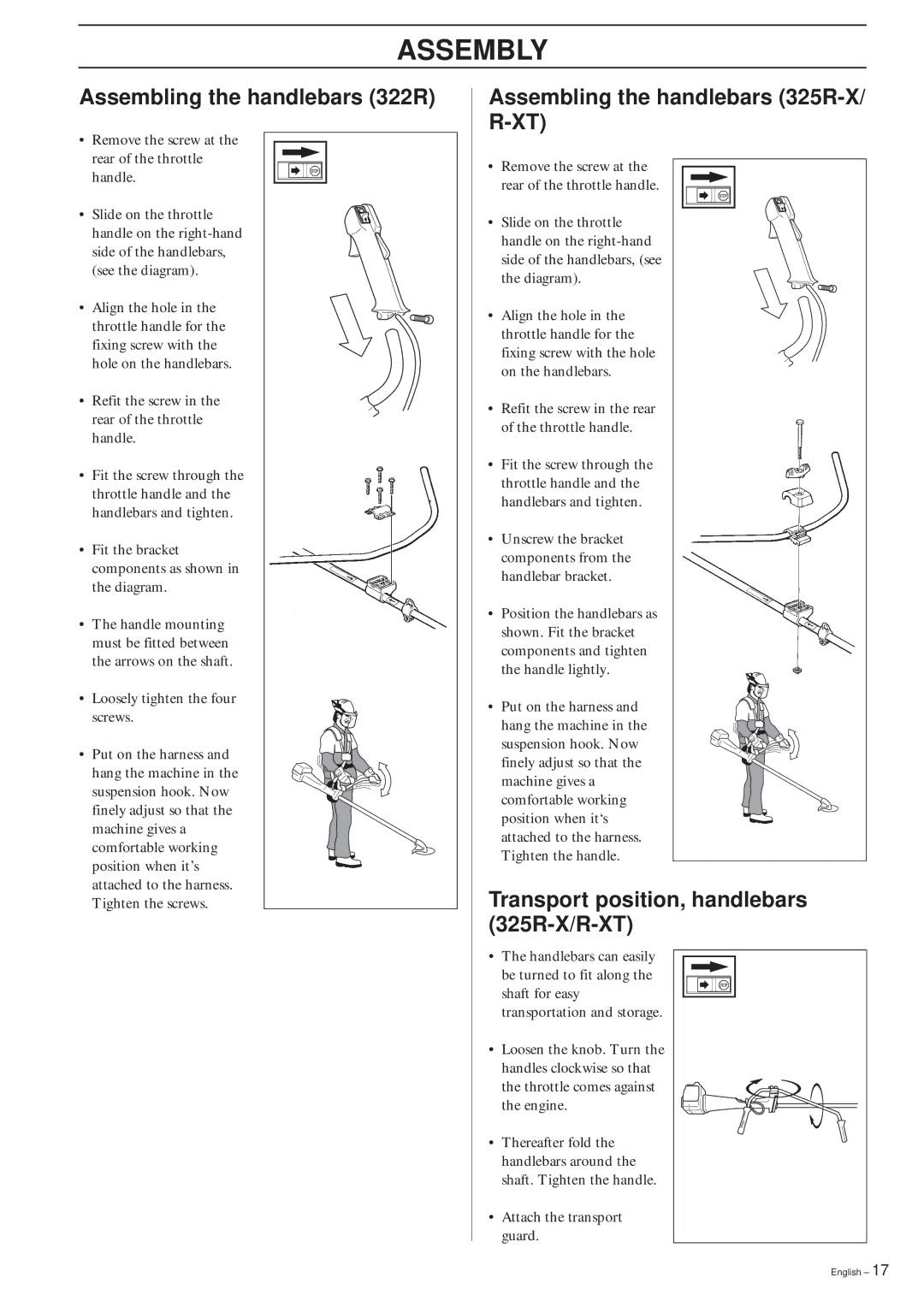 Husqvarna manual Assembly, Assembling the handlebars 322R, Assembling the handlebars 325R-X/ R-XT 