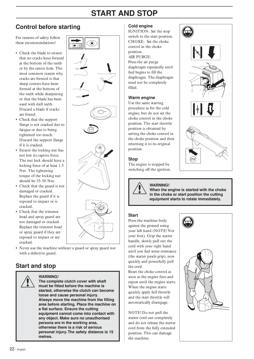 Husqvarna 322R manual Start and Stop, Control before starting, Start and stop 