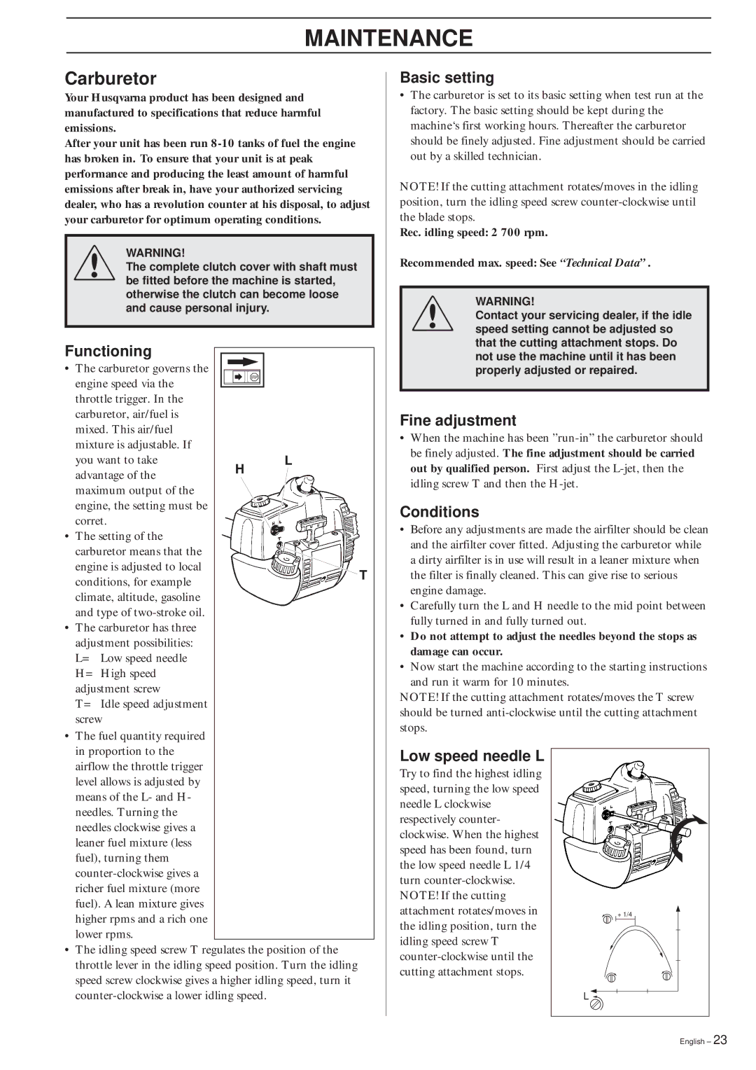 Husqvarna 322R manual Maintenance, Carburetor 