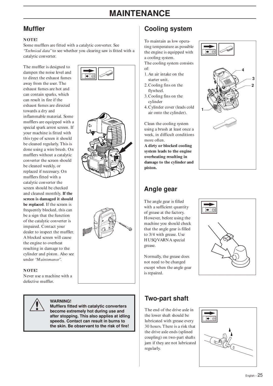 Husqvarna 322R manual Muffler, Cooling system, Angle gear, Two-part shaft 