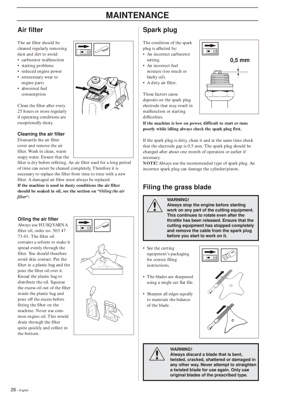 Husqvarna 322R manual Air filter Spark plug, Filing the grass blade, Oiling the air filter 