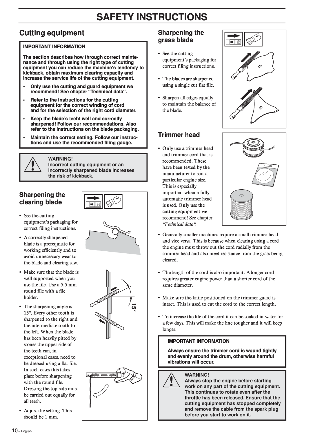 Husqvarna 322R manual Cutting equipment, Safety Instructions, “Technical data“ 