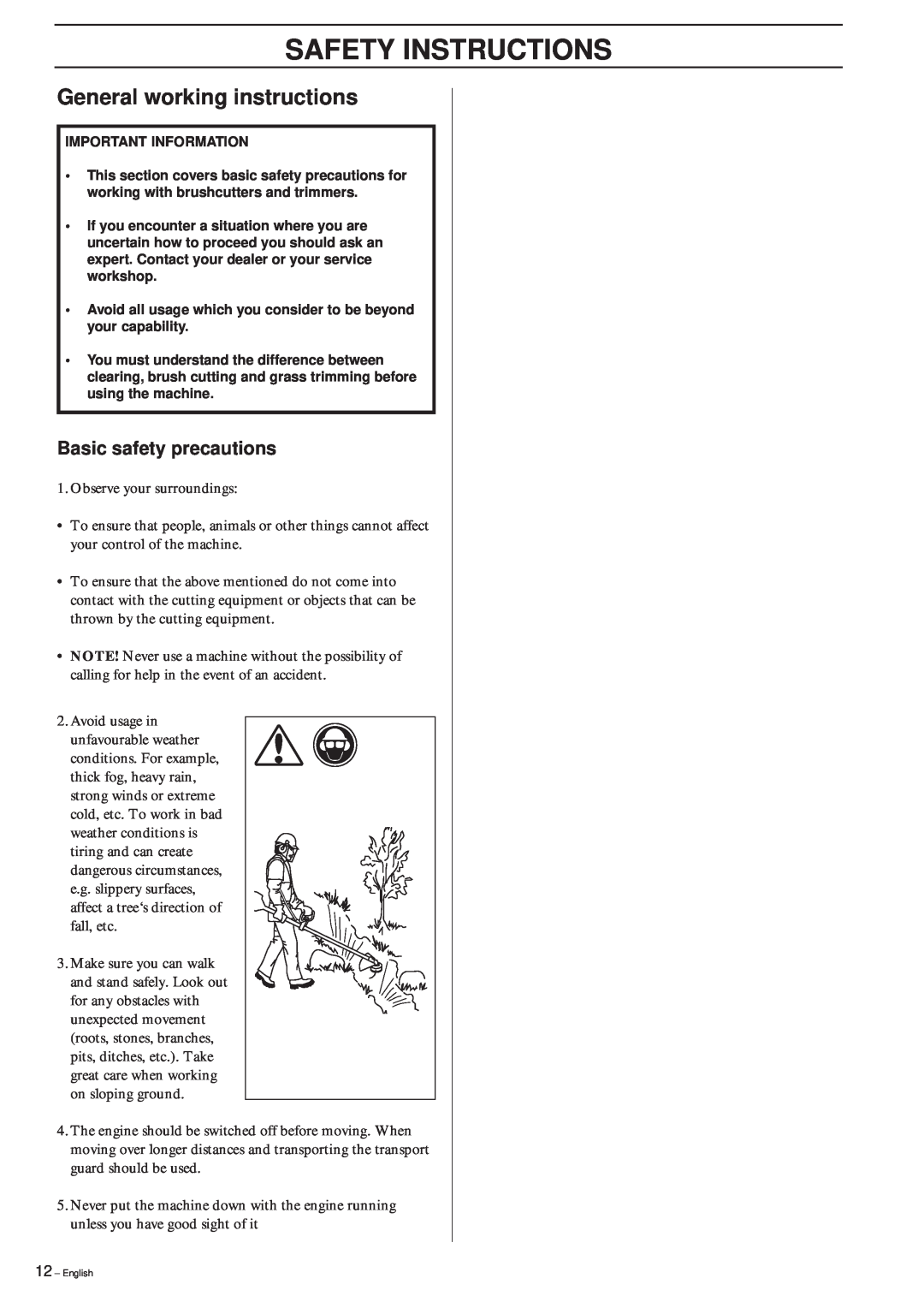 Husqvarna 322R manual General working instructions, Safety Instructions, Basic safety precautions 
