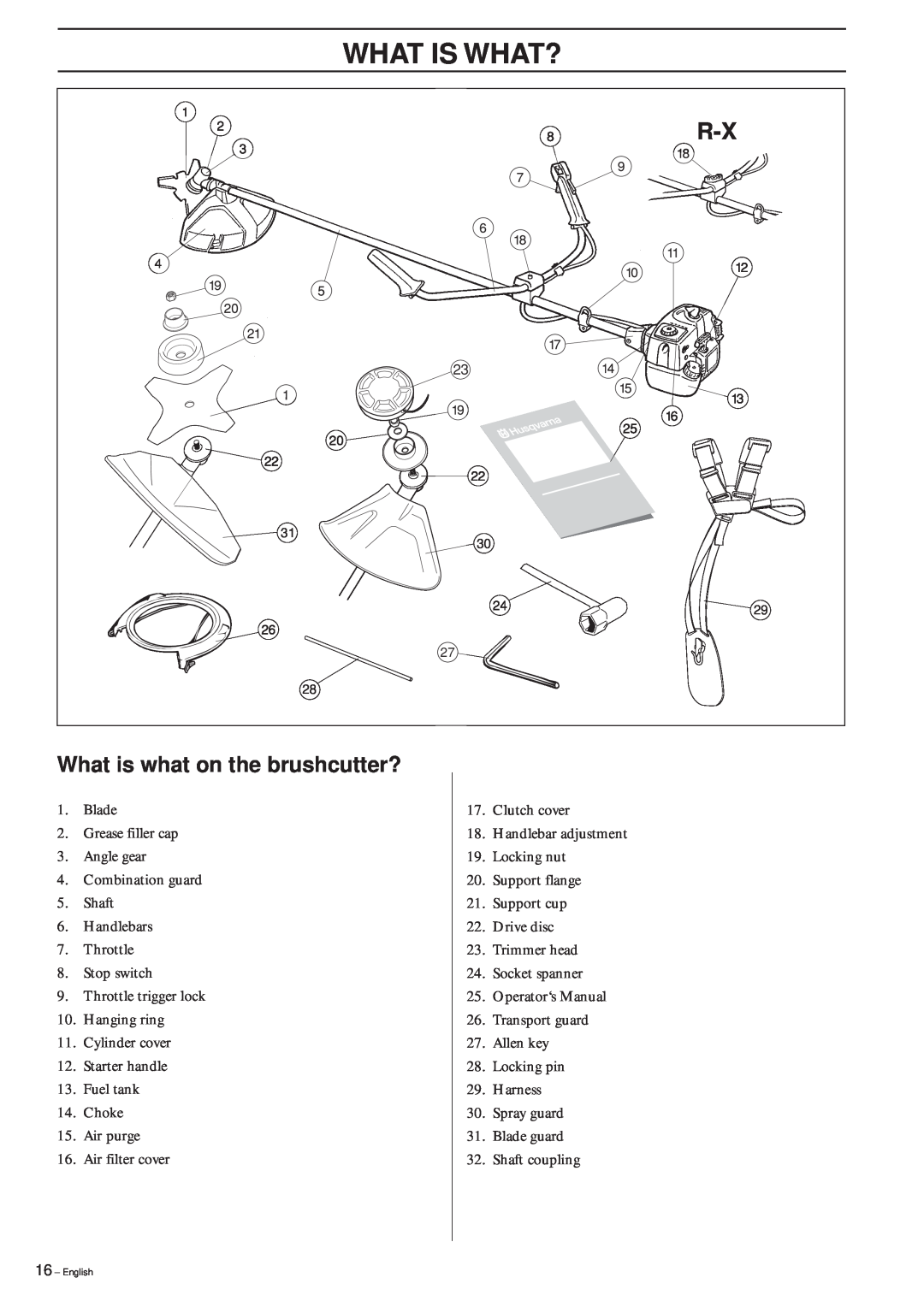 Husqvarna 322R manual What Is What?, What is what on the brushcutter? 