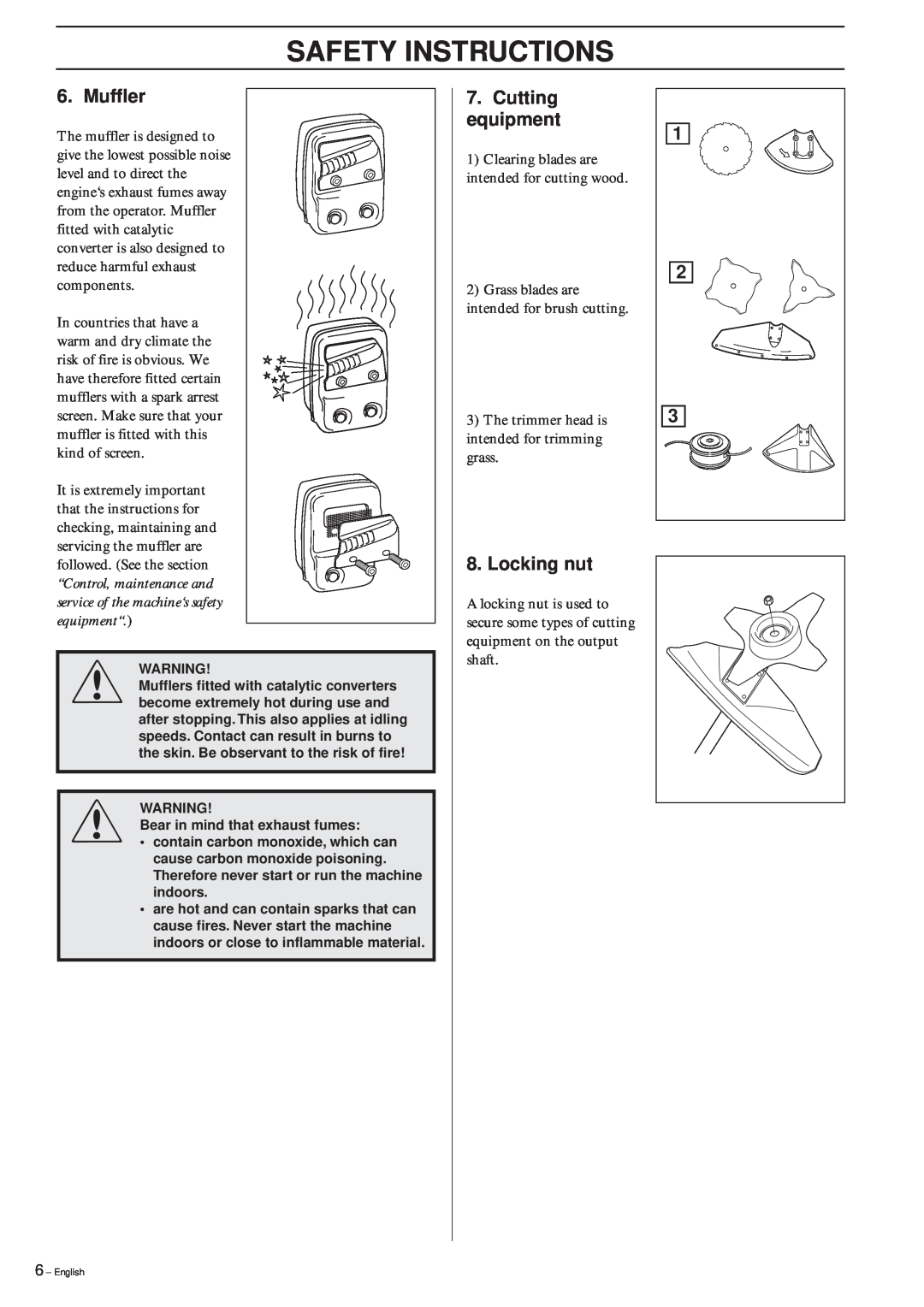 Husqvarna 322R manual Safety Instructions, Muffler, Cutting equipment, Locking nut 