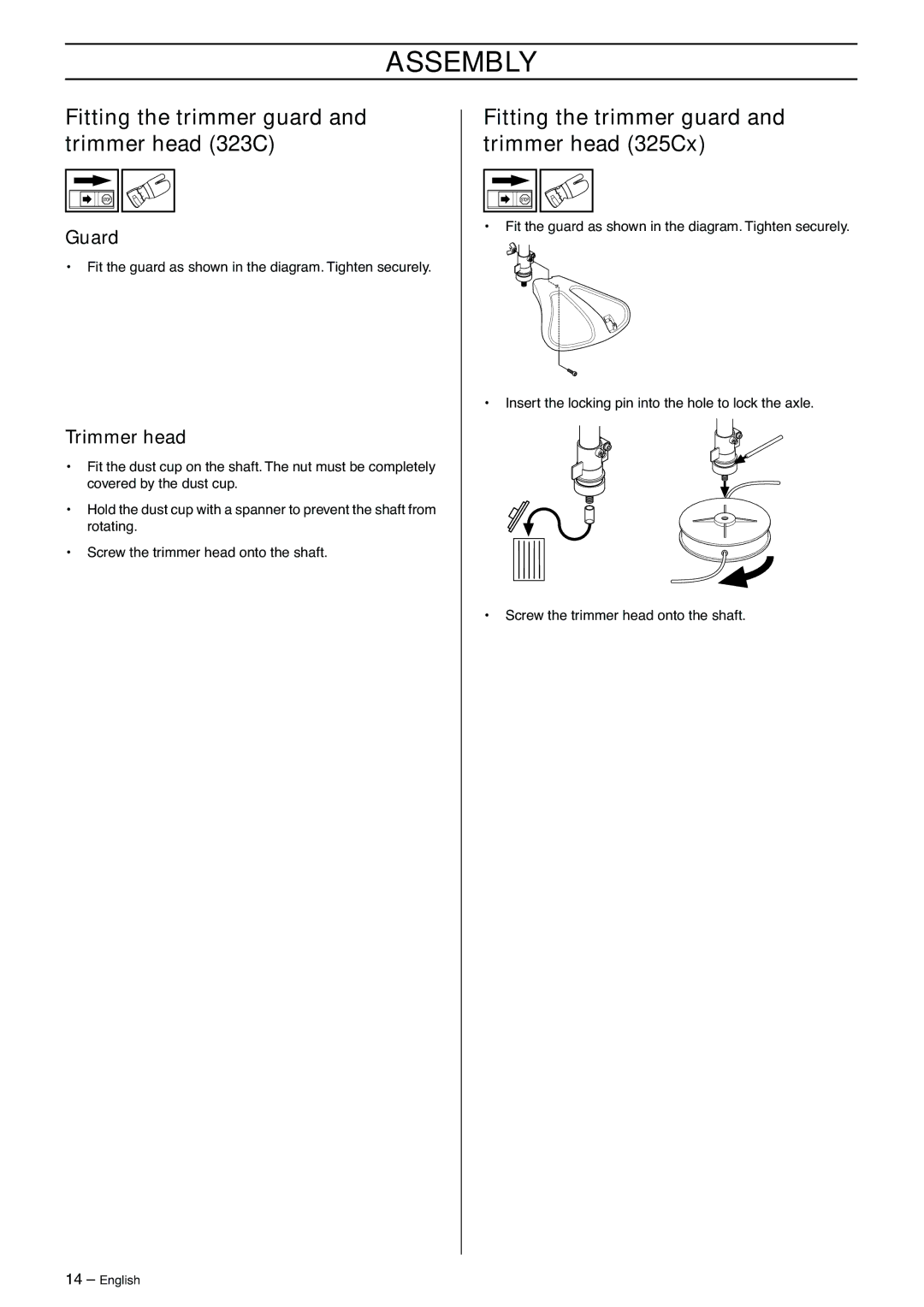 Husqvarna Fitting the trimmer guard and trimmer head 323C, Fitting the trimmer guard and trimmer head 325Cx, Guard 